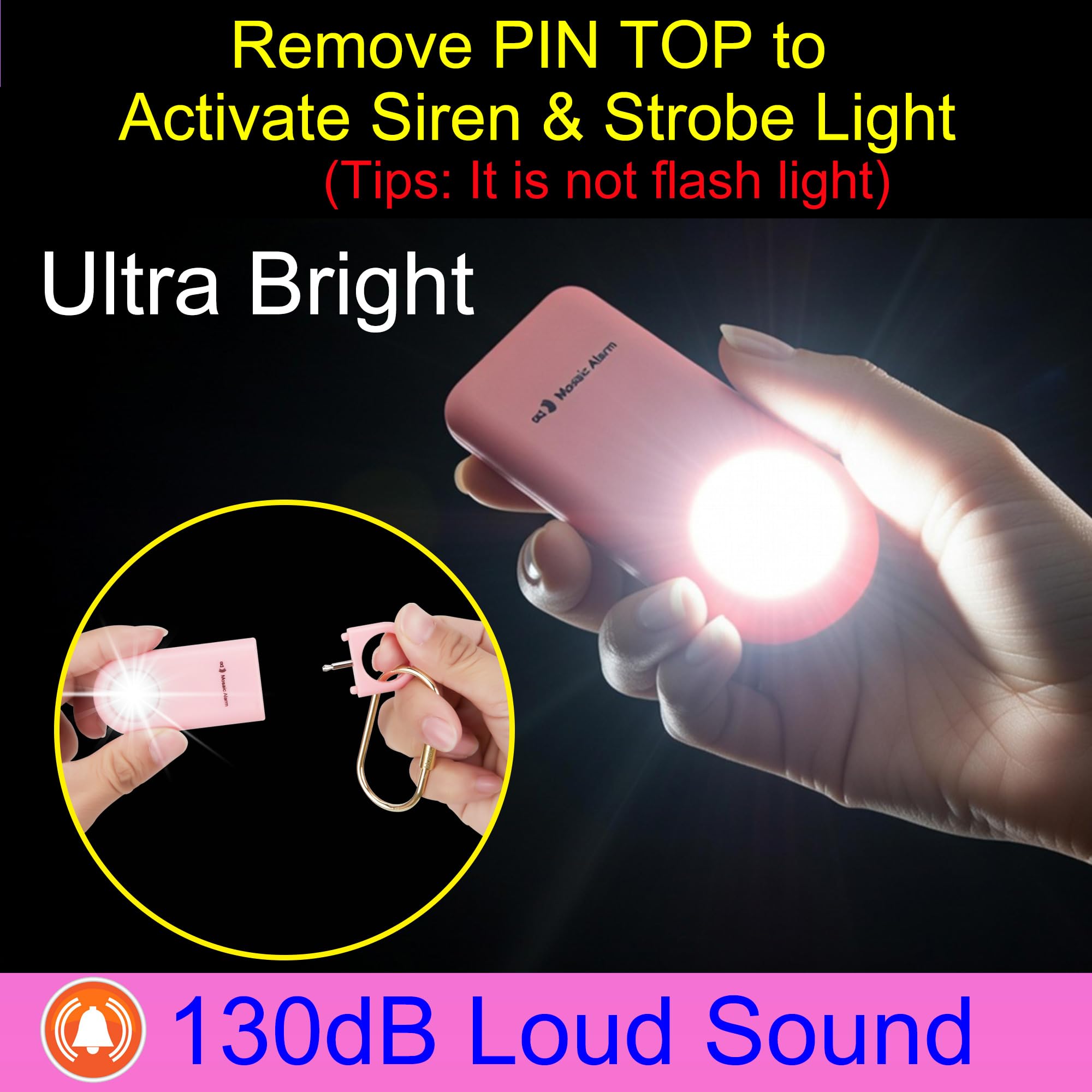 Luz estroboscópica de alarma de seguridad personal de 130 dB. Alertas de emergencia SOS de sonido fuerte con mosquetón. Llavero sirena de autodefensa para mujeres, ancianos, niños, corredores