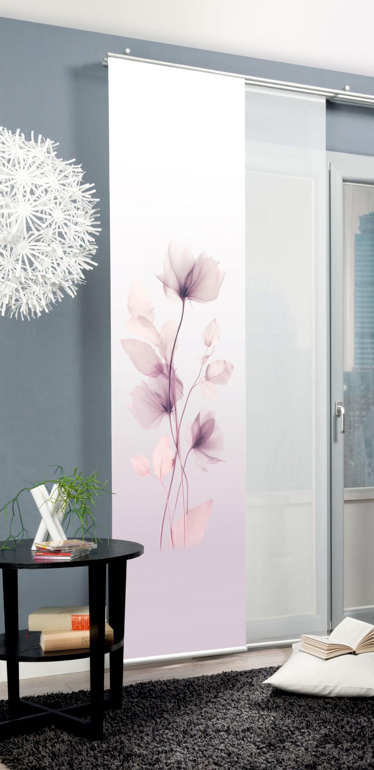 Schiebegardine BEREKUA, Seidenoptik, 245x60 cm, Blumendruck, + Zubehör, Farbe:Flieder, Größe:245 x 60 cm, Anzahl:5er Set (3X, 2X)