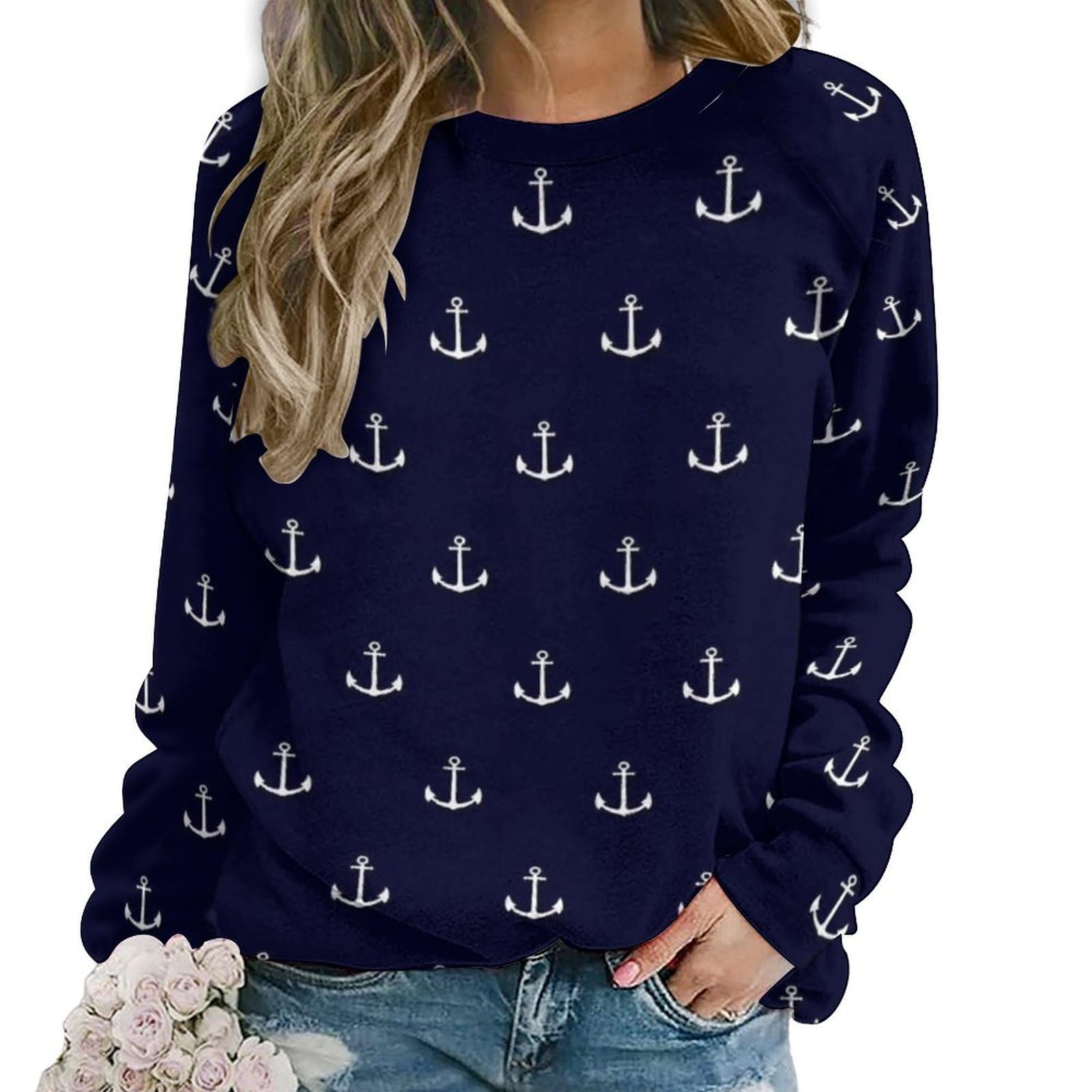 Jzemdybill Women's Nautical Themed Simple Anchors Casual Jumper, Sweatshirts For Crewneck Long Sleeve Top