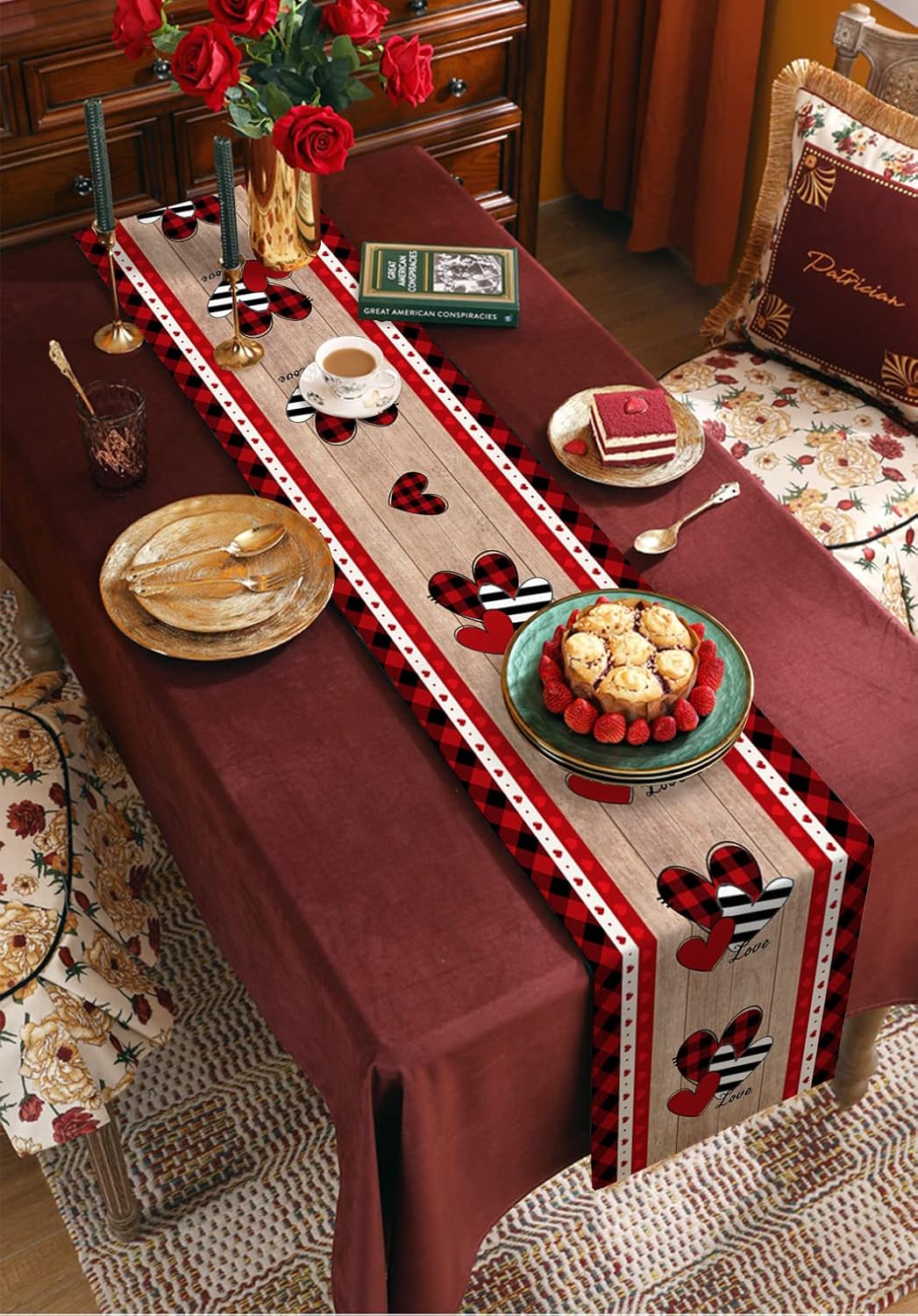 Valentine's Cotton Linen Table Runner, Happy Valentine's Day Buffalo Plaid Love Heart-Shaped Wooden Grain Farmhouse Durable Fabric Table Covers for Home/Wedding/Gathering/Baby Shower- 90 Inch