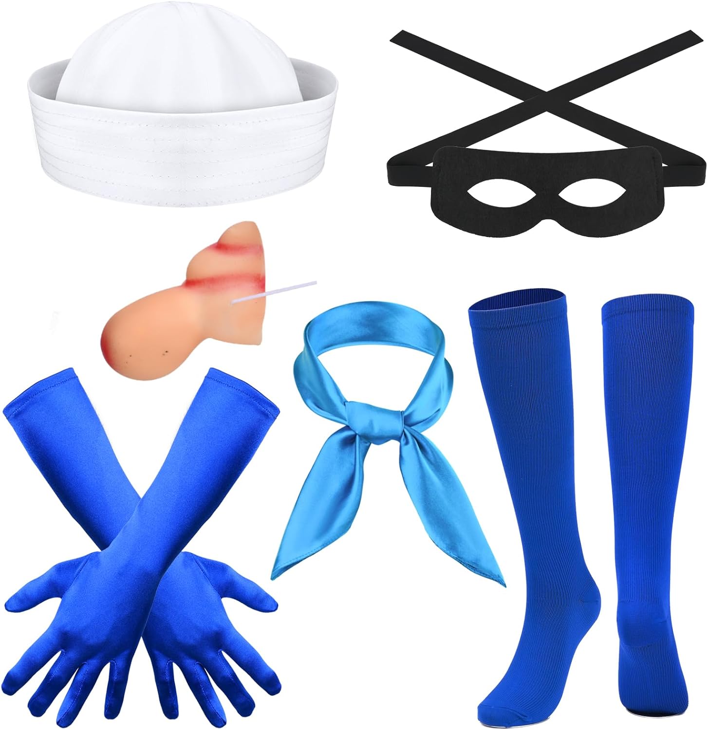 6 PCS Halloween Sailor Costume Include Sailor Hat Scarf Nose Gloves Socks and Mask for Men Women Cartoon Character Dress Up