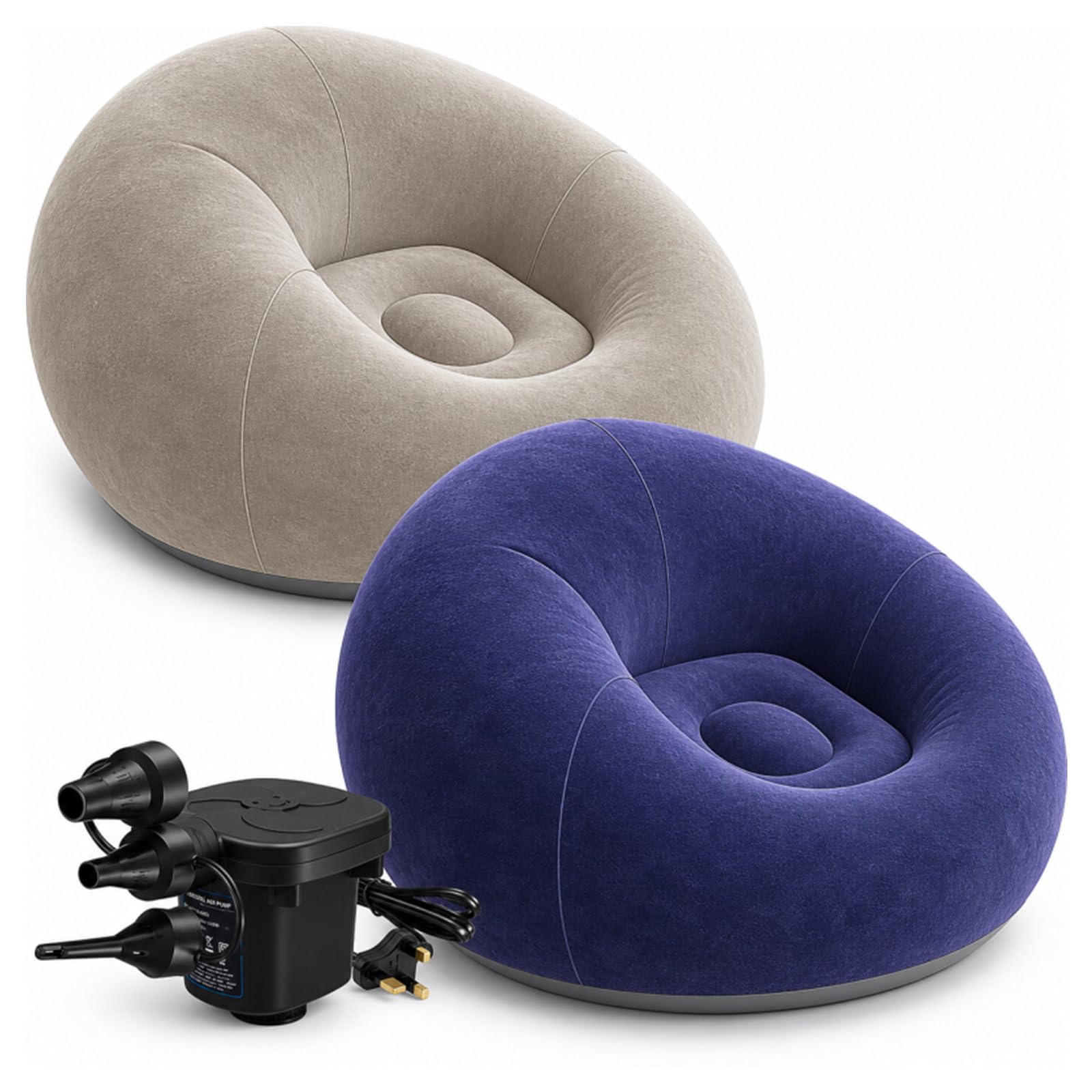MSYU 2 Pcs Inflatable Bean Bag Chairs with Electric Air Pump, Portable Blow Up Sofa for Adults, Comfortable Lazy Couch for Camping, Gaming, Reading & Living Room (Purple, Khaki)