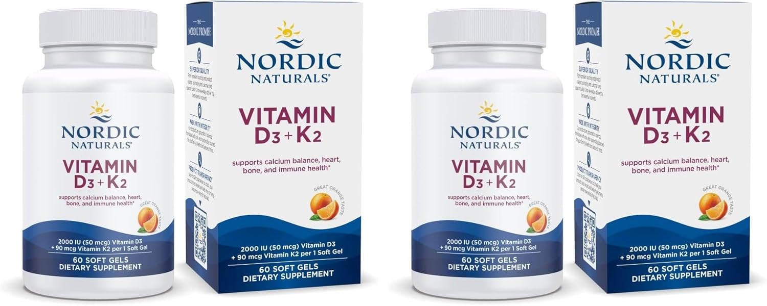 Nordic Naturals Vitamin D3 + K2, Orange Taste - 60 Soft Gels - Synergistic Support for Bones, Immune Function & Calcium Balance - Non-GMO - 60 Servings (Pack of 2)