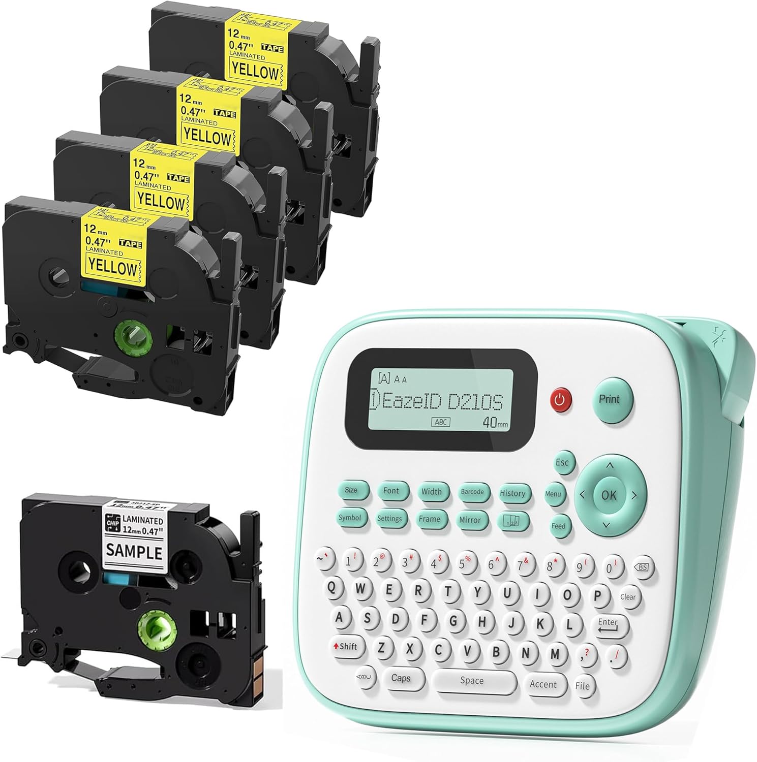 D210S Kids Label Maker with 5PK 12mm Yellow Tapes, Waterproof-Labels, Portable Keyboard Labeler Machine with-Tape 12mm 0.47 Laminated White, Multiple Symbols for Home Garden Office School Kids Use
