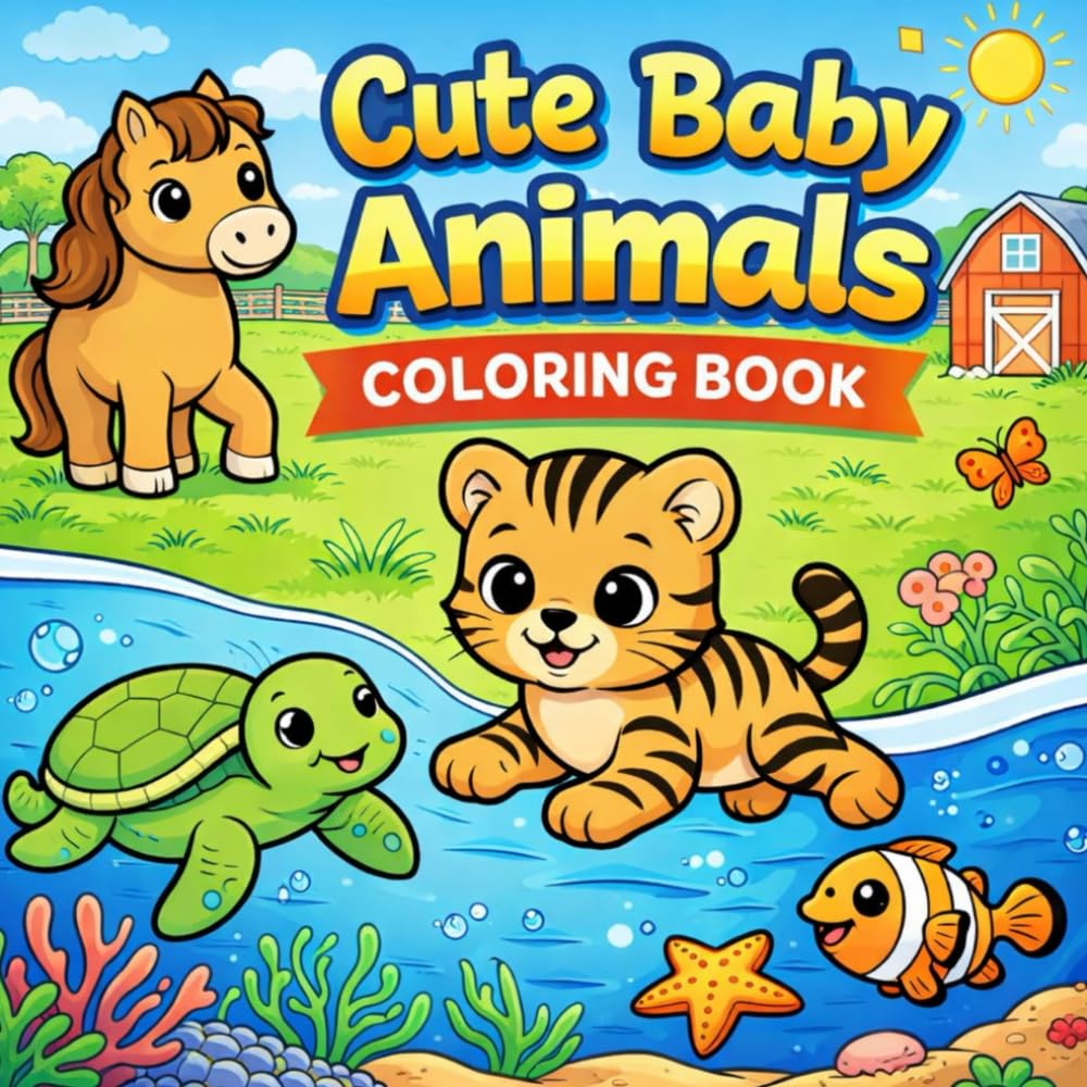 Cute Baby Animals Coloring Book: Simple Bold Outline Coloring Pages of Farm, Forest, and Sea Creatures for Toddlers Ages 2–4