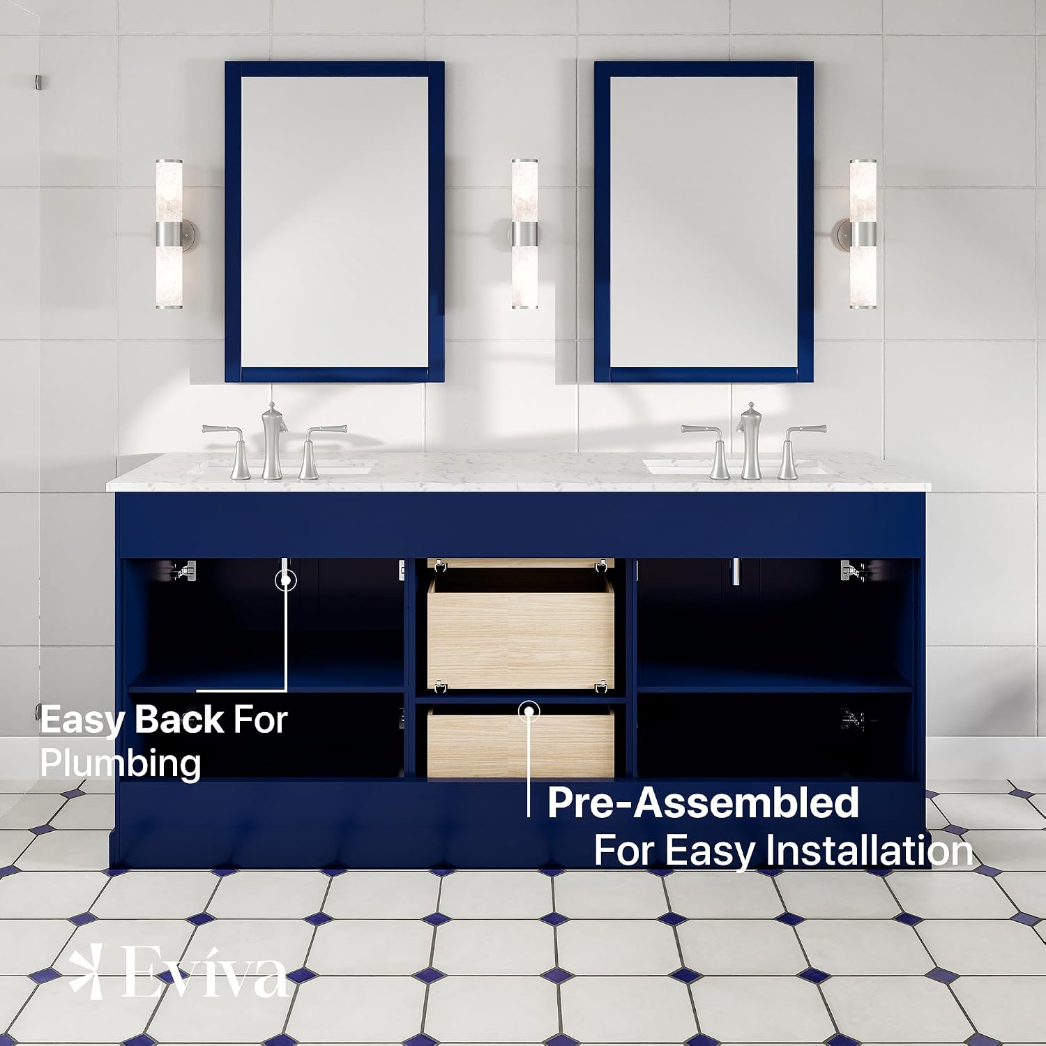 Eviva Epic 72 in. Blue Double Sink Bath Vanity with Carrara Quartz Top and Undermount Porcelain Sinks