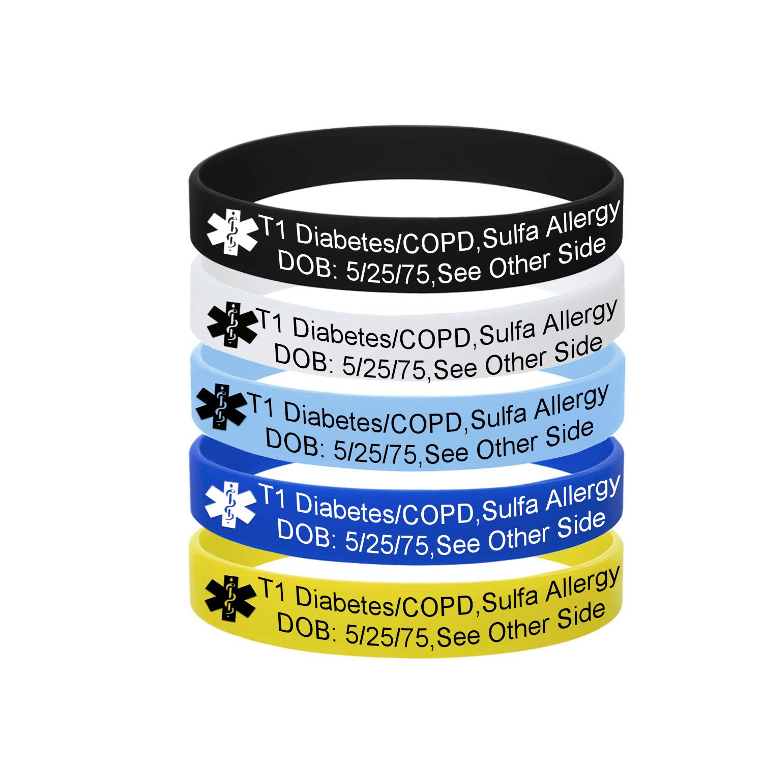 5 Color Pack-Personalized Engraved Medical Alert ID Jewelry Food Drug Allergy Bracelets,100% Silicone Rubber ID Survivor Bracelet Band,Emergency Contact Bracelet,Diabetes Bracelet,5.5"-7.9"