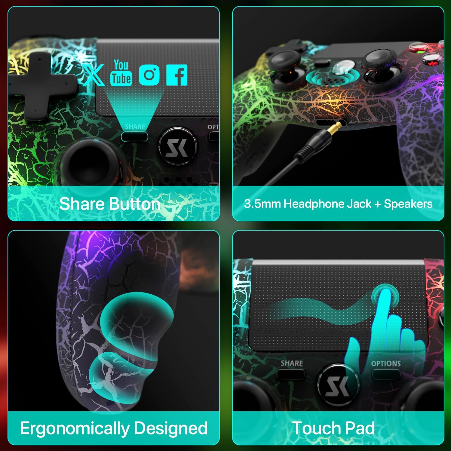 Controller Wireless PS4 Joystick LED RGB per Playstation 4/Pro/Slim con Batteria 1000 mAh