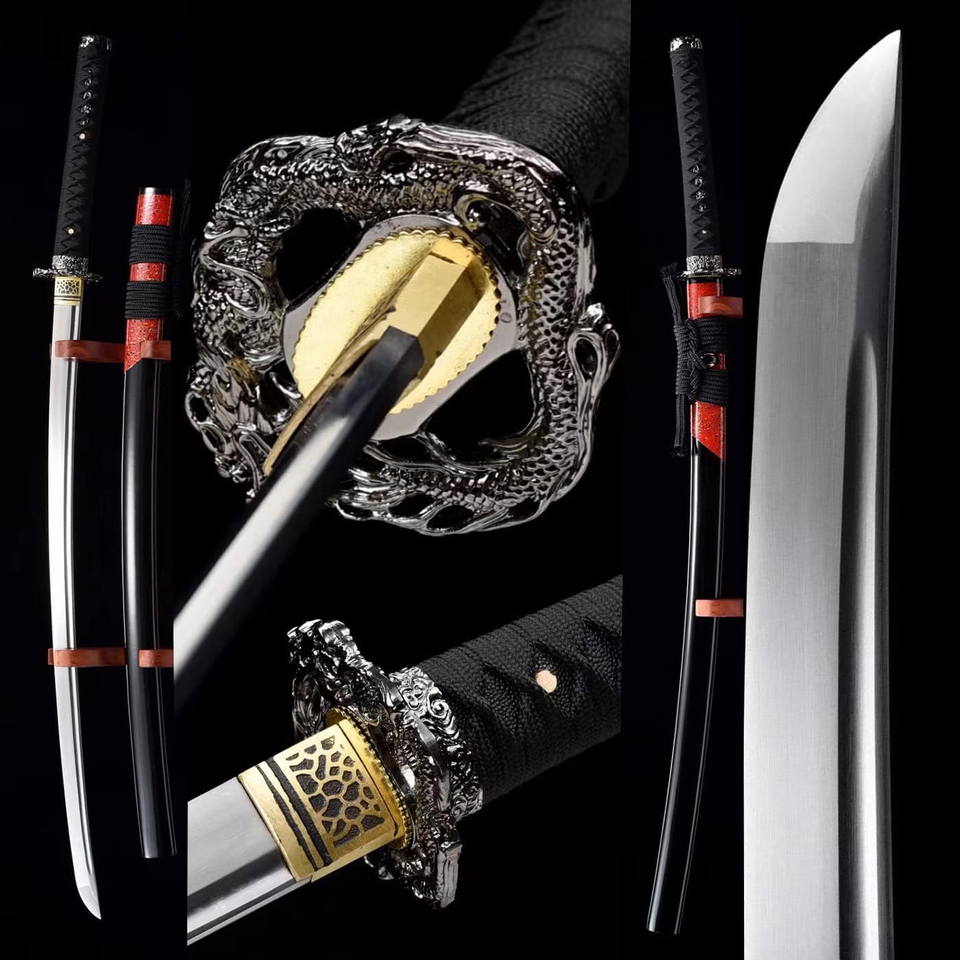 HERO SWORD Handmade 9260 Spring Steel Blade Comabt Katana Sliver Dragon Tsuba Set Japanese Samurai Sword Full Tang Very Sharp Knife Red Black Gift for Men