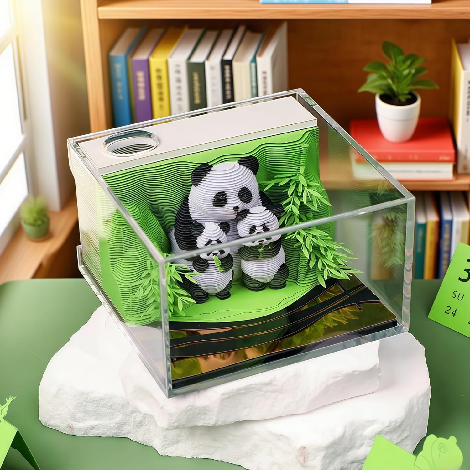 3D Calendar 2026, Panda Family Time Piece Calendar 2026, Daily Tear-Off Memo Pad with LED Glow, Panda Family Paper Carving Desktop Decoration, Unique Holiday & New Year Paper Craft Gift