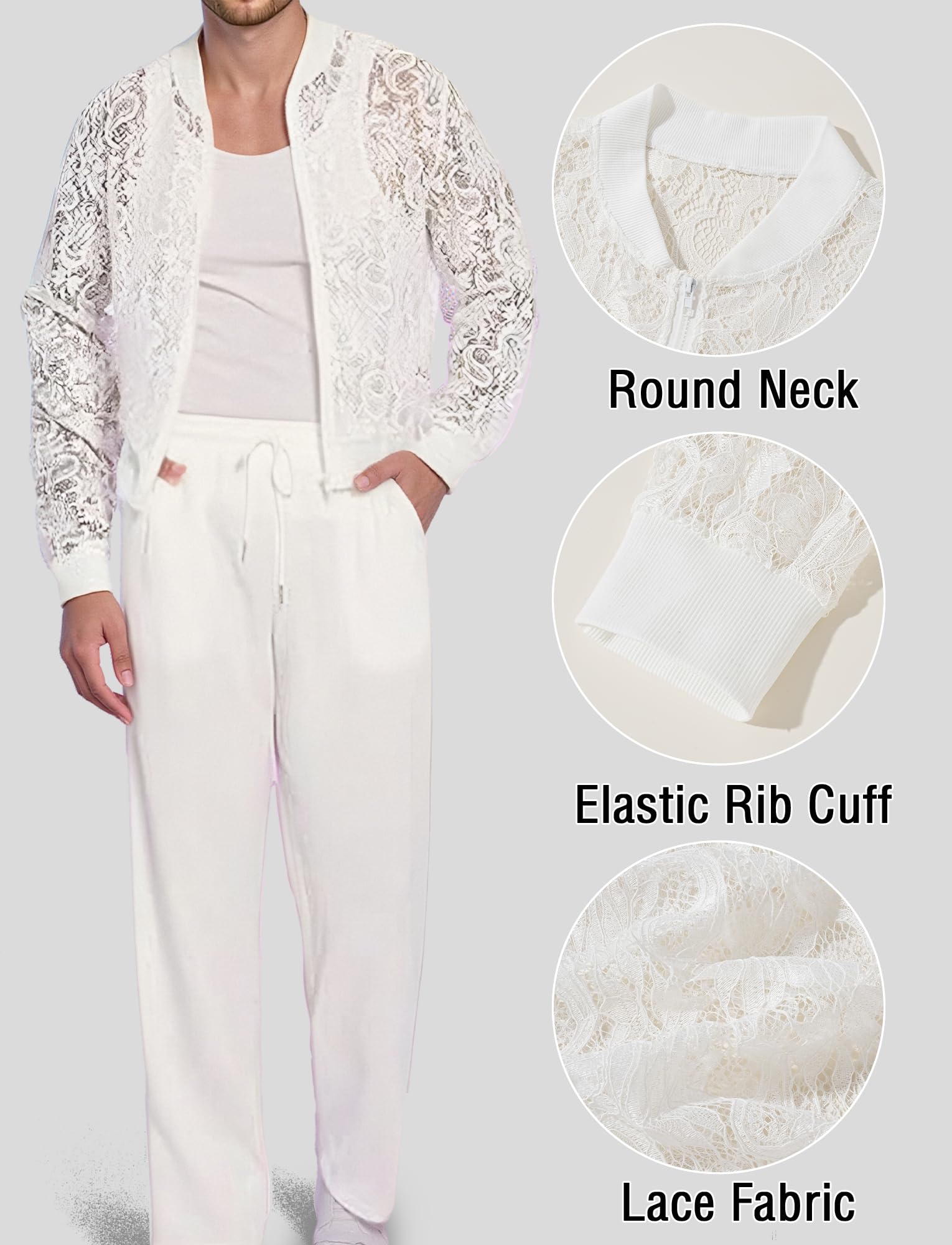 AIEOE Veste en dentelle à manches longues pour homme - En maille - Pour fête, clubwear - Transparent - Pour boîte de nuit, carnaval