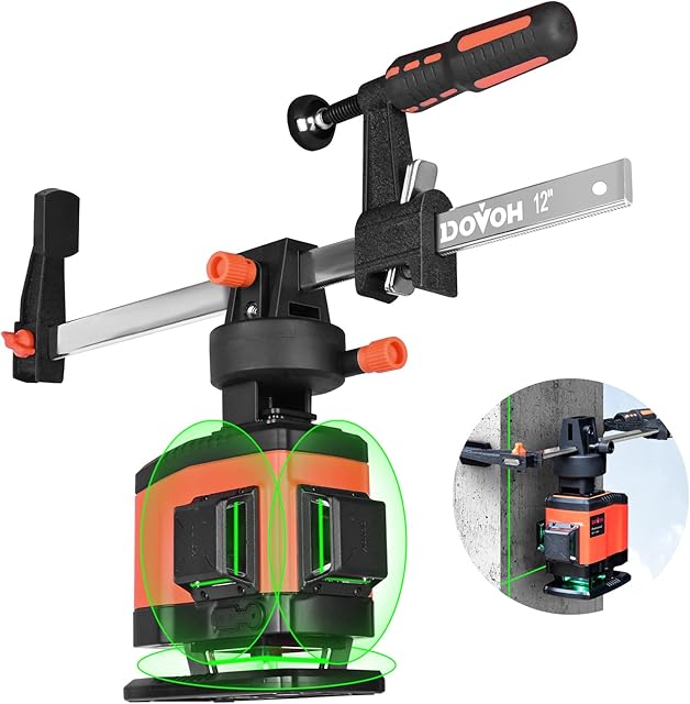 DOVOH 3D Laser Levels Self LevelingHigh Accuracy 12 Lines Laser Level 3 x 360 Green Beam with Bar Clamp for Construction Flooring Ceiling Tiling, Remote Control Included, KF3-FC01