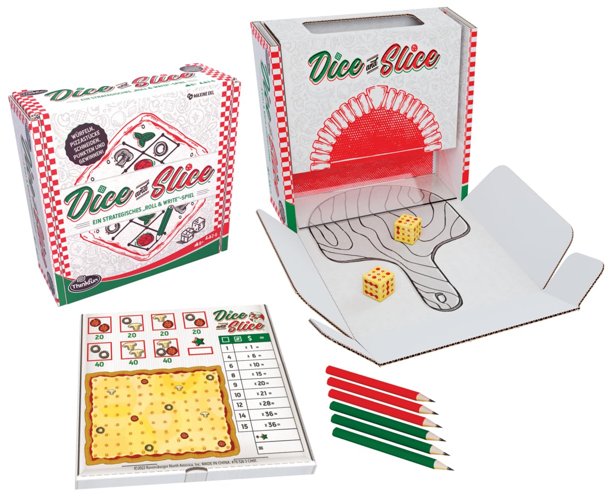 ThinkFun - 76578 - Dice & Slice - The Roll & Write Strategy Game, Rot, Weiß, Grün, 15 cm x 15 cm x 5,5 cm