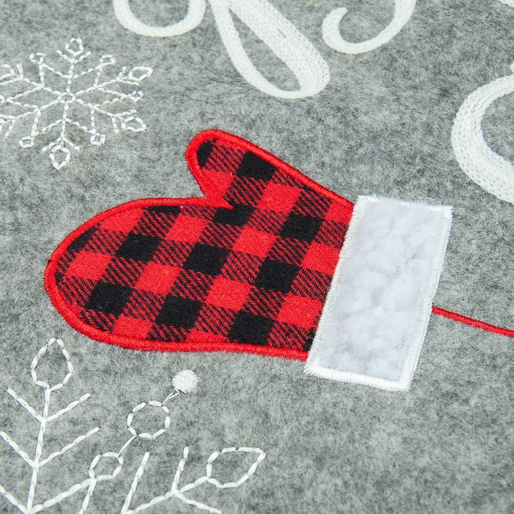 HAUMENLY Christmas Tree Skirt Grey Non-Woven Fabric with Plaid Gloves Embroidery Xmas Tree Decoration - 32 Inches