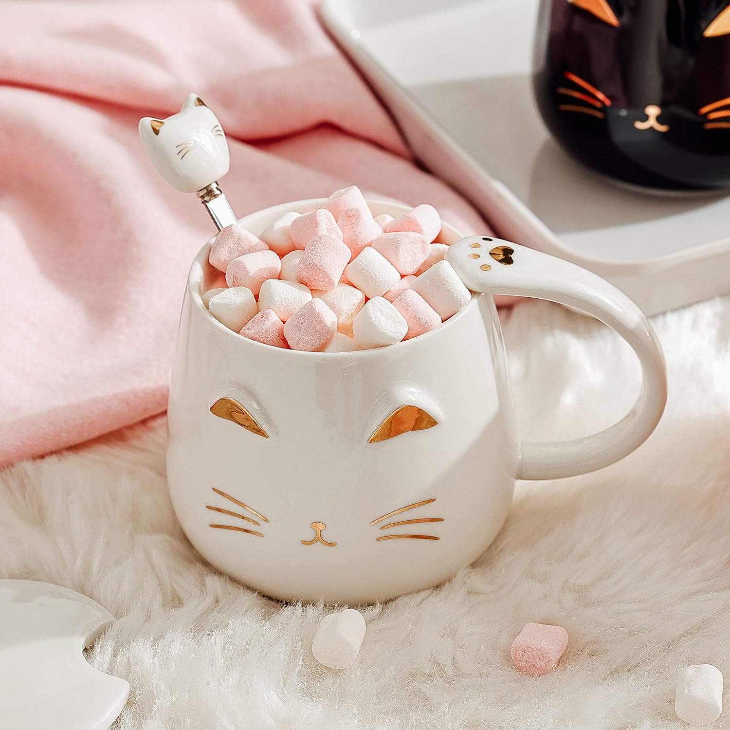 SHENDONG White Cat Mug Cute Ceramic Coffee Cup with Kawaii Lid and Lovely Stainless Steel Spoon Novelty Morning Cup Coffee Milk Tea Mugs - Image 4