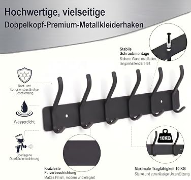 Coat Hooks Wall Mounted, Metal Black Coat Rack, 6 Double Hooks
