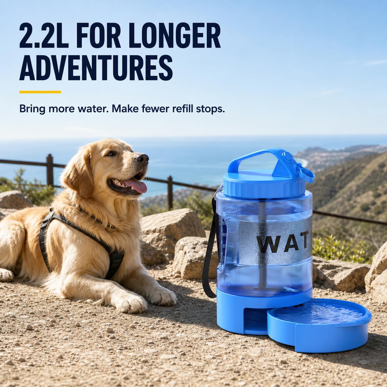 Tragbare Hunde-Wasserflasche, 2,2 l, großer Reise-Wassernapf, Spender für Hunde, Camping, Strand, Spazierengehen, Essentials, Blau