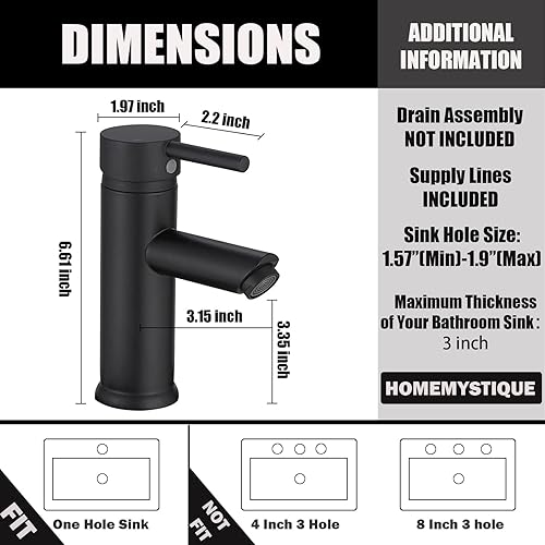 Vista 6 de Grifo de lavabo de baño negro mate, grifo de baño de un solo agujero, grifo mezclador de lavabo con manguera de 3/8 pulgadas
