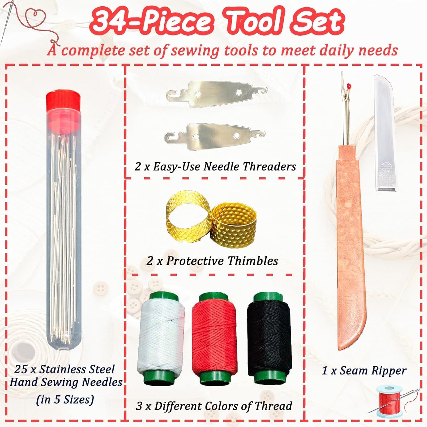 34PCS Big Eye Steel Sewing Needles Kit, Stainless Steel Sewing Needles,Steel Needle Sewing Kit, Stainless Steel Needles for Hand Sewing,Portable DIY Handcraft Set,Suitable for Handicraft Enthusiasts - Image 3