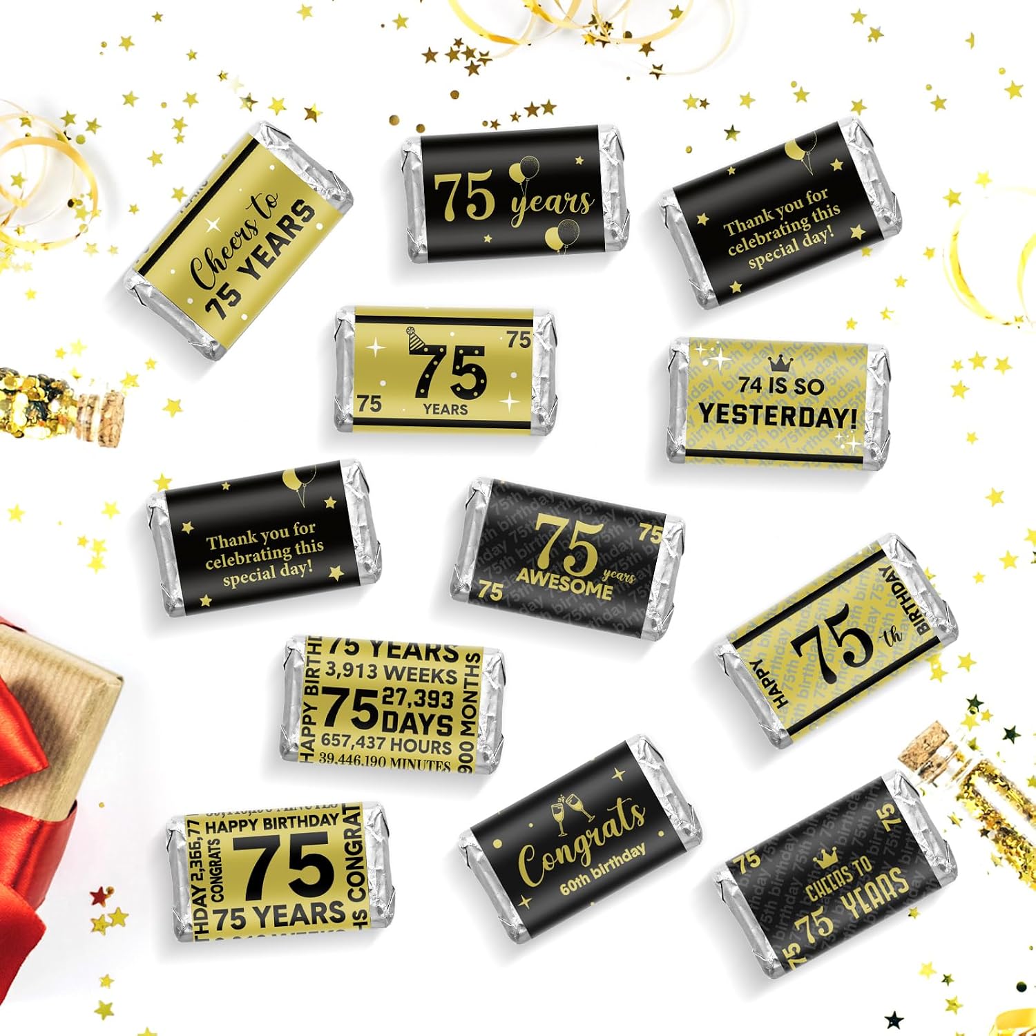 Tenare 90 Pcs 75th Birthday Party Favors Candy Wrappers Black and Gold Stickers Mini Chocolate Label 75th Birthday Decorations for Men Anniversary Party Supplies