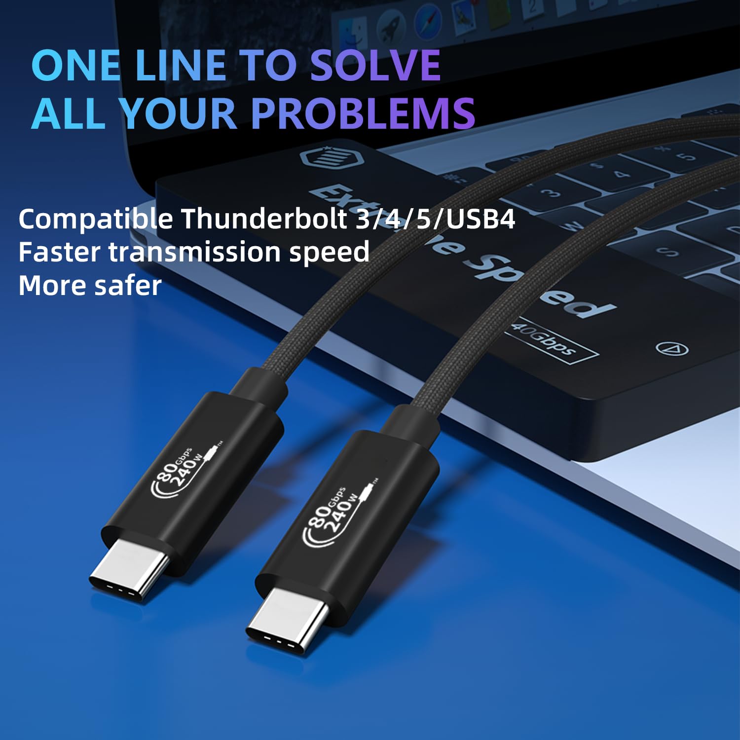 Cable USB 4, transferencia de datos de 80 Gbps, carga de 240 W, trenzado gris, 5 pulgadas, macho a macho, compatible con Thunderbolt 3/4, SSD, monitor, laptop (3.3 pulgadas)