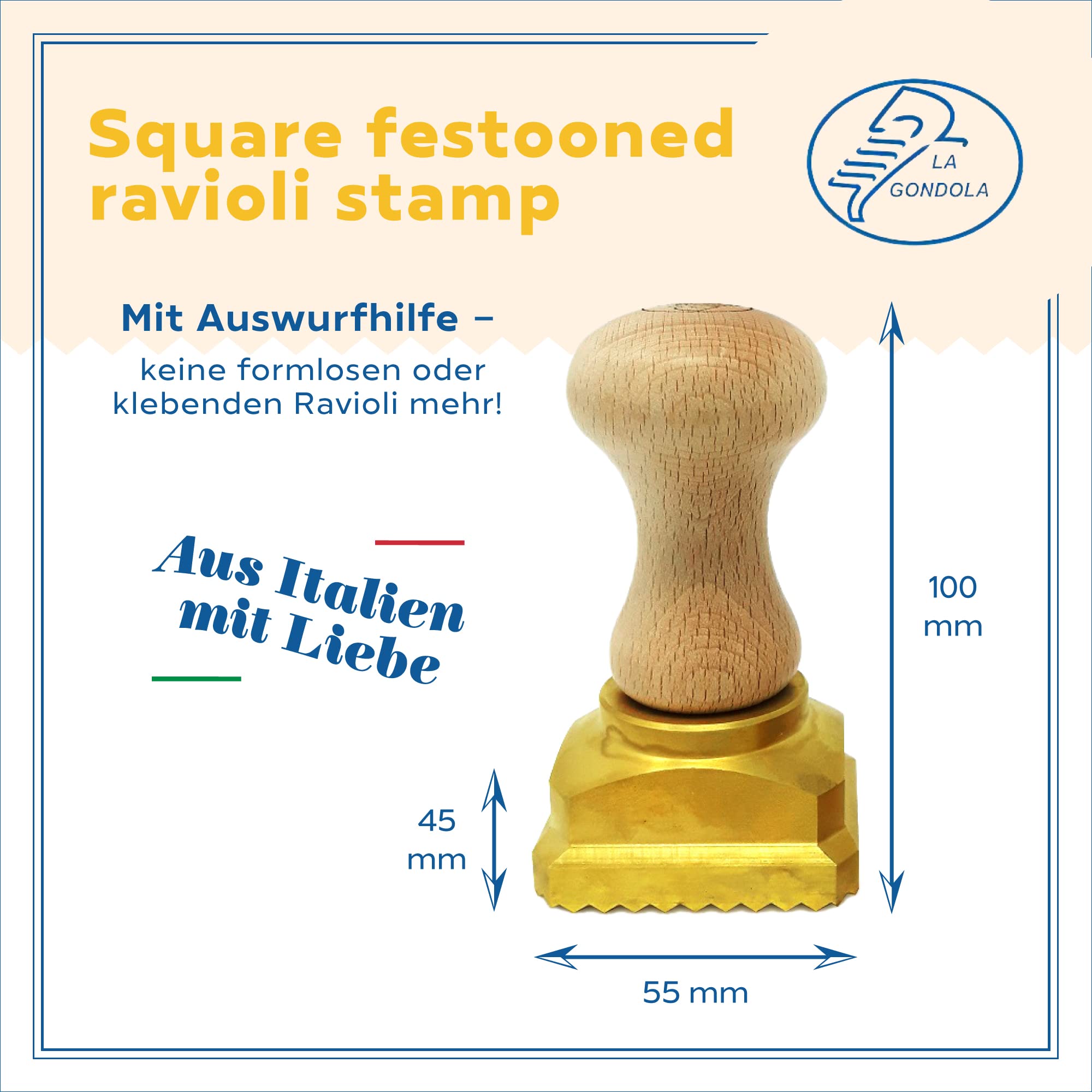 La Gondola Ravioli-Stempel - Quadratisch Gewellt 45x55mm | Italienisches Pasta-Werkzeug für Zuhause gewerbliche Küche | Messing, Naturholz | Einfach zu verwenden | Ravioli Ausstecher Made in Italy