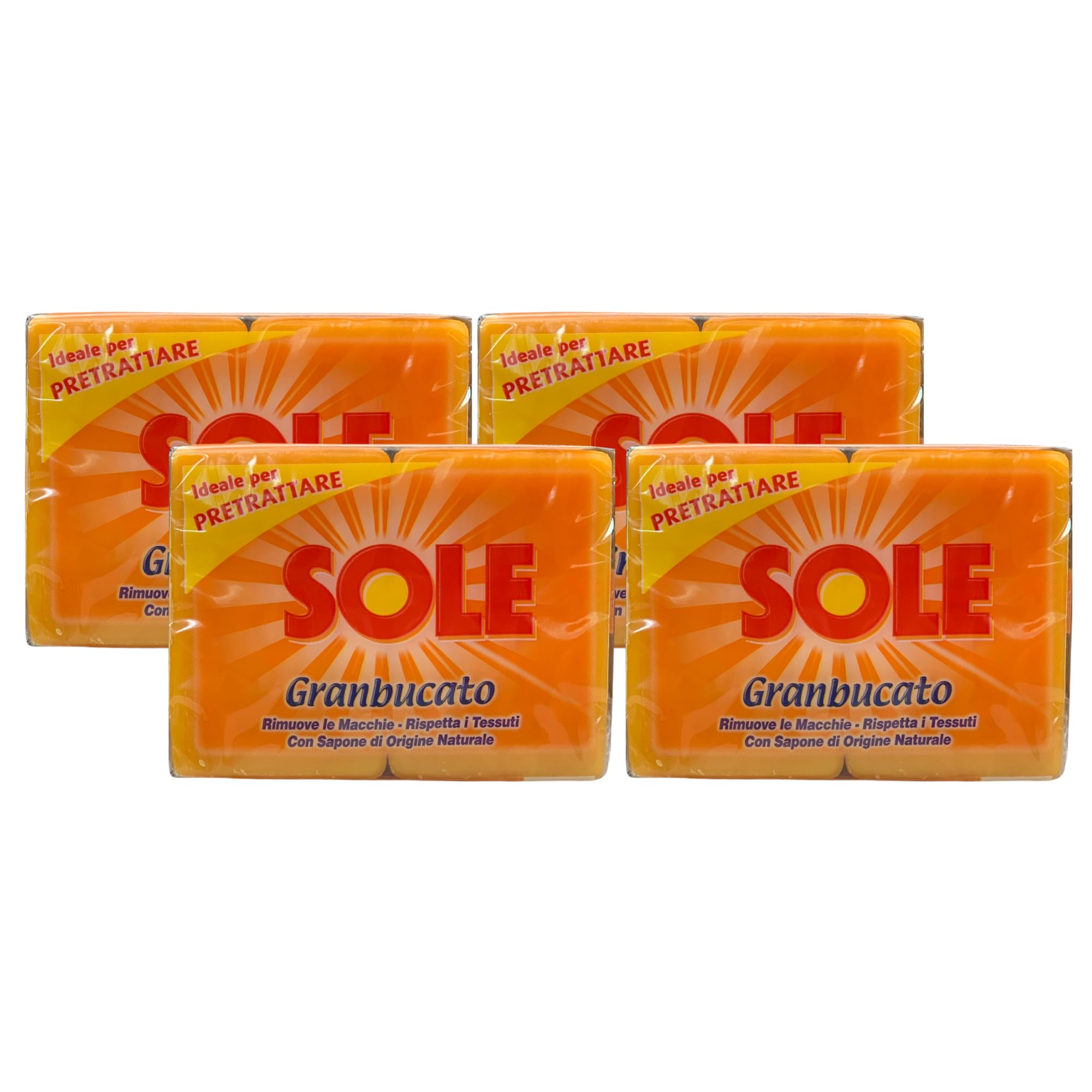 Sapone Sole GRANBUCATO, Ottimo Per Prettattare, Rimuove Le macchie, Rispetta i Tessuti, Con Sapone Di Origine Naturale 500g (4 Unità)