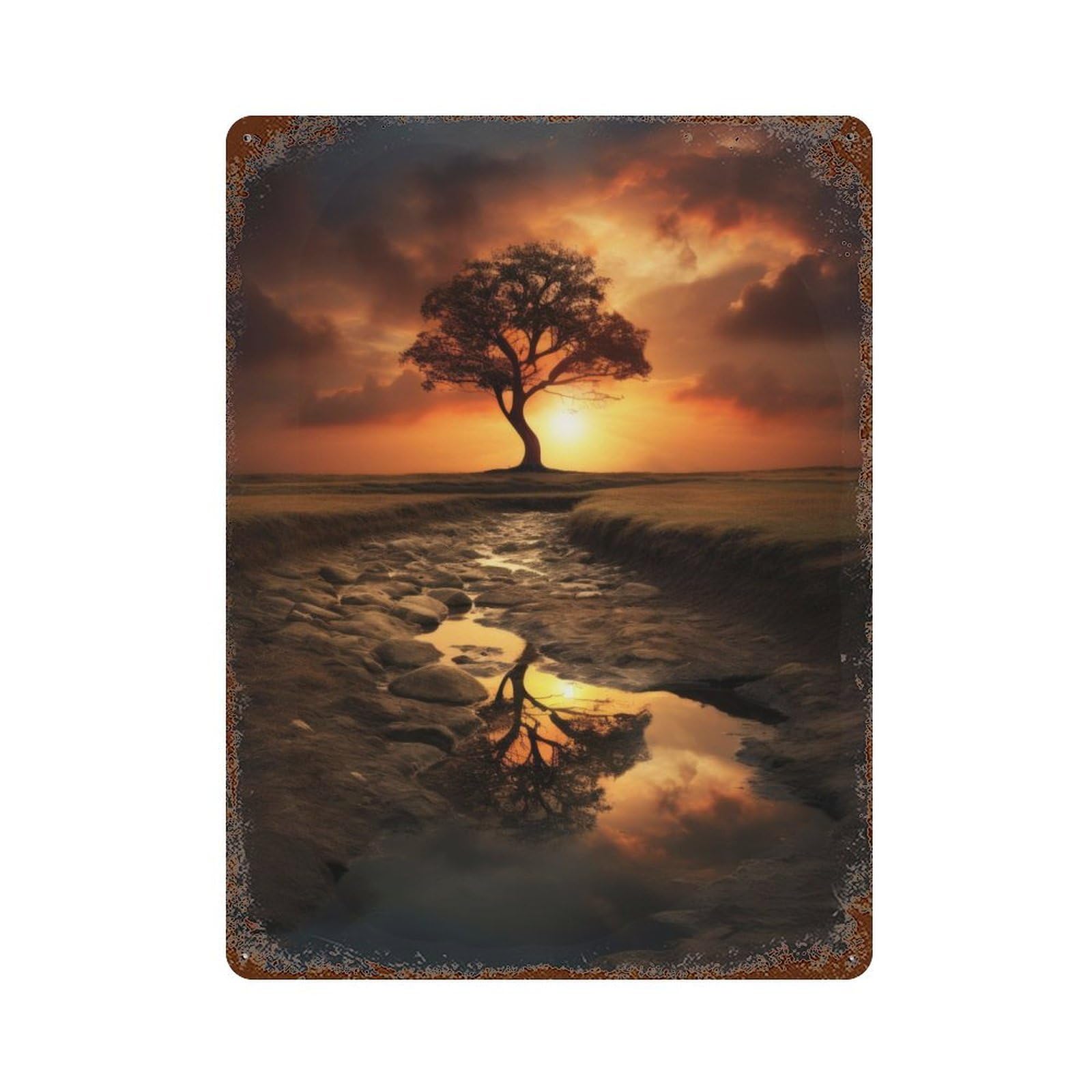 Sunset Reflection Vintage Wall Sign 15.7"x11.8", Rust Effect Metal Decor for Living Room, Hallway And Home Decor