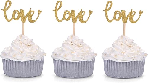 Giuffi - Juego de 24 adornos para magdalenas, diseño de amor dorado