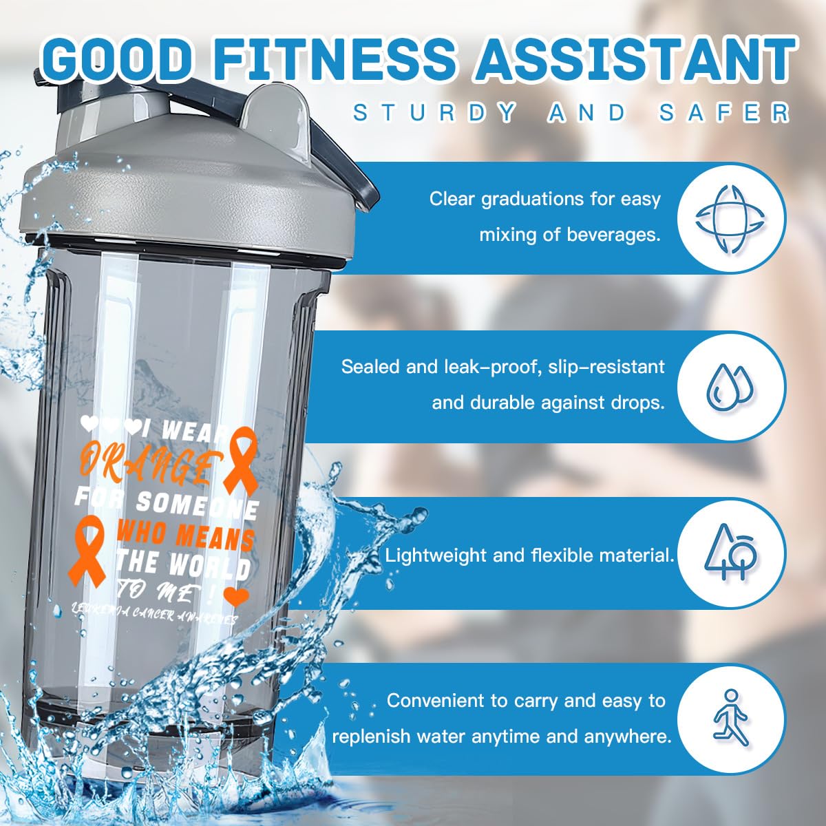 I Wear Orange For Someone Who Means World To Me 18 Ounce Shaker Bottle Drink Mixer Leak-proof Pre Workout Protein Shakes Meal Replacement Shakes Bottles 500ML/18 Oz Gray
