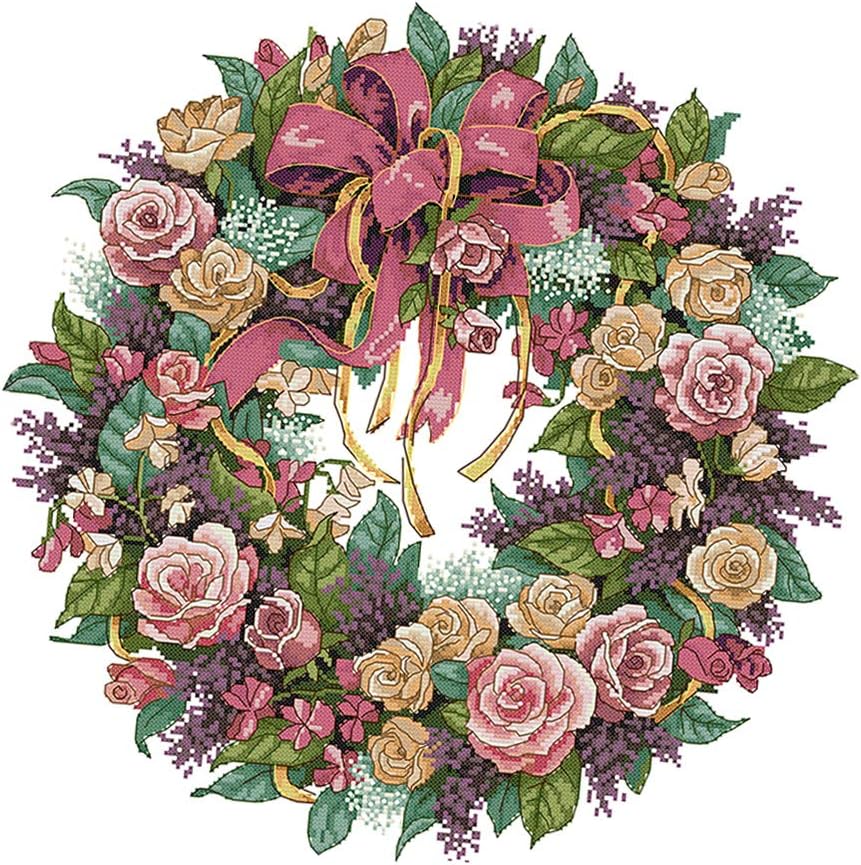 Kawn Stamped Cross Stitch Kit Embroidery Kit - Rose Garland Pattern, 14CT, 45x45cm for Cross-Stitching Lover