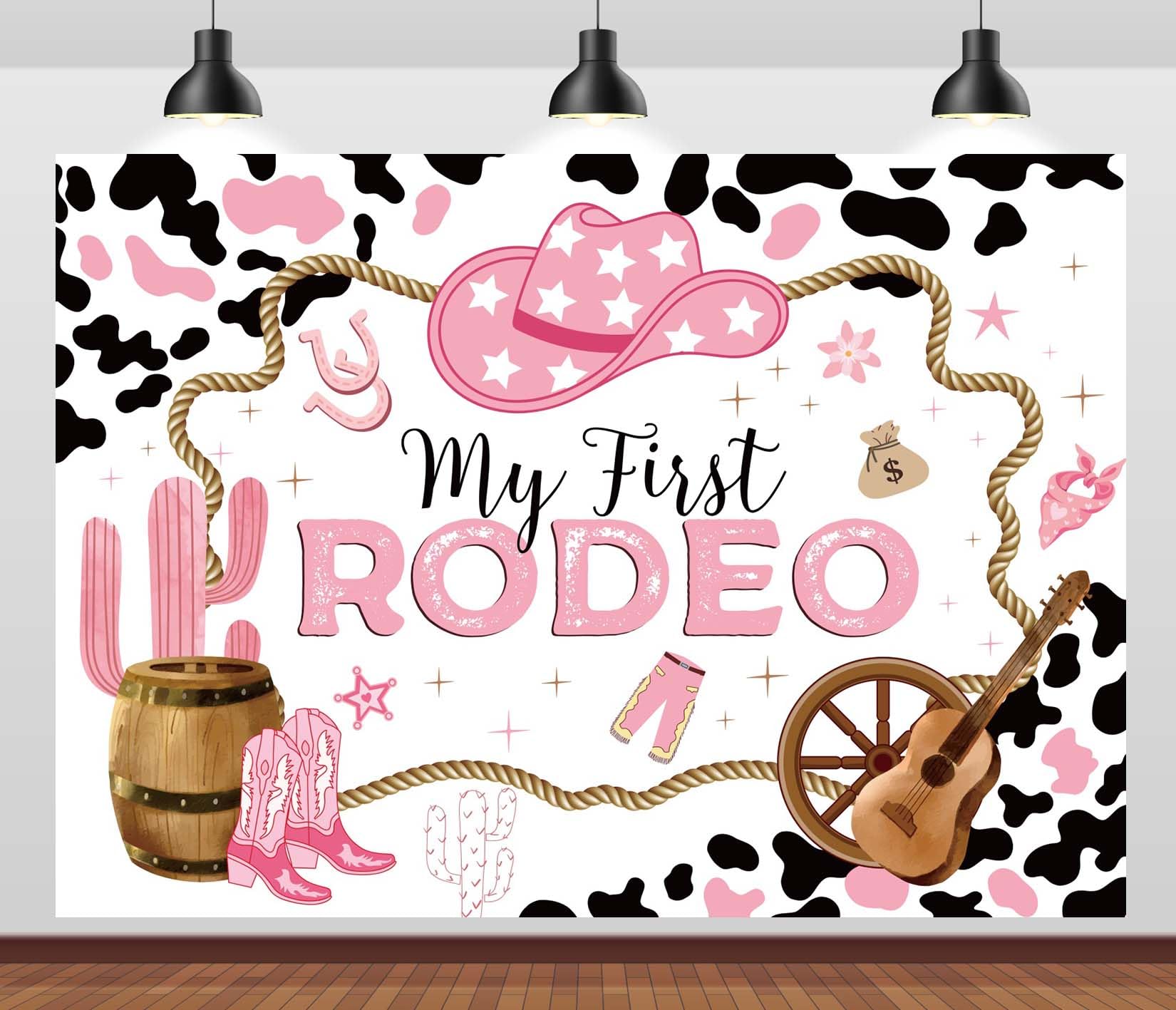 CORFOTO 7x5ft Fabric My First Rodeo Party Backdrop Western Cowgirl Birthday Backdrop Girl Pink Western Country Cowgirl 1st Birthday Banner Photography
