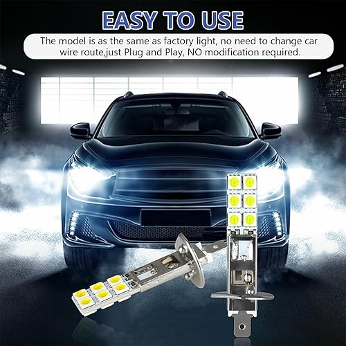 Miniatura 5 de 4 lámparas antiniebla LED H1 para automóvil, 2.4 pulgadas x 0.4 pulgadas, metal súper brillante 12SMD-5050 chip Plug and Play, bombillas LED de haz