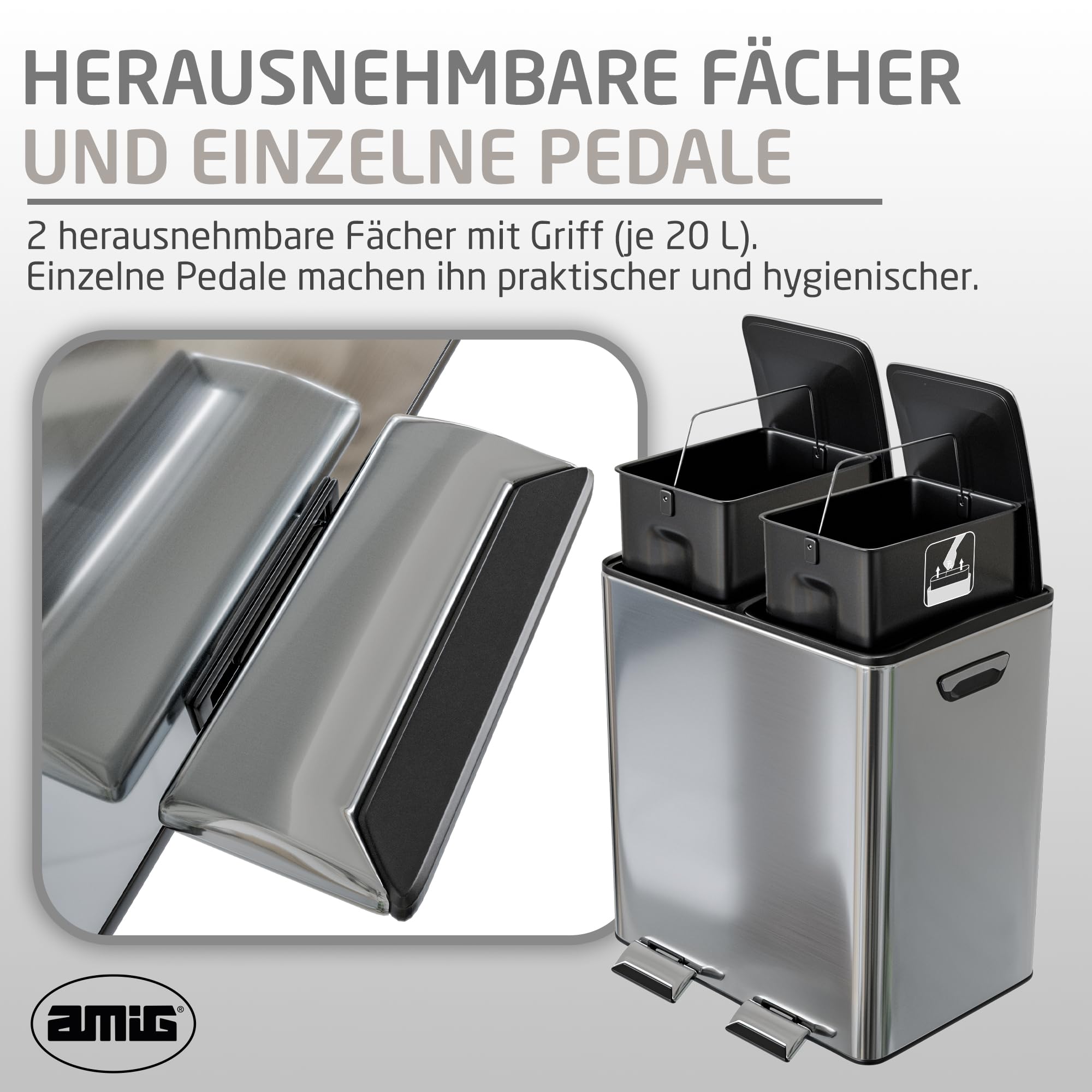 Amig - Doppelte Recycling-Mülleimer mit Pedalen Mod. RECIK EVO 40 L - 2 separate Behälter mit je 20 L - 2x20L - Edelstahl - 45 x 30 x 52 cm - Silber