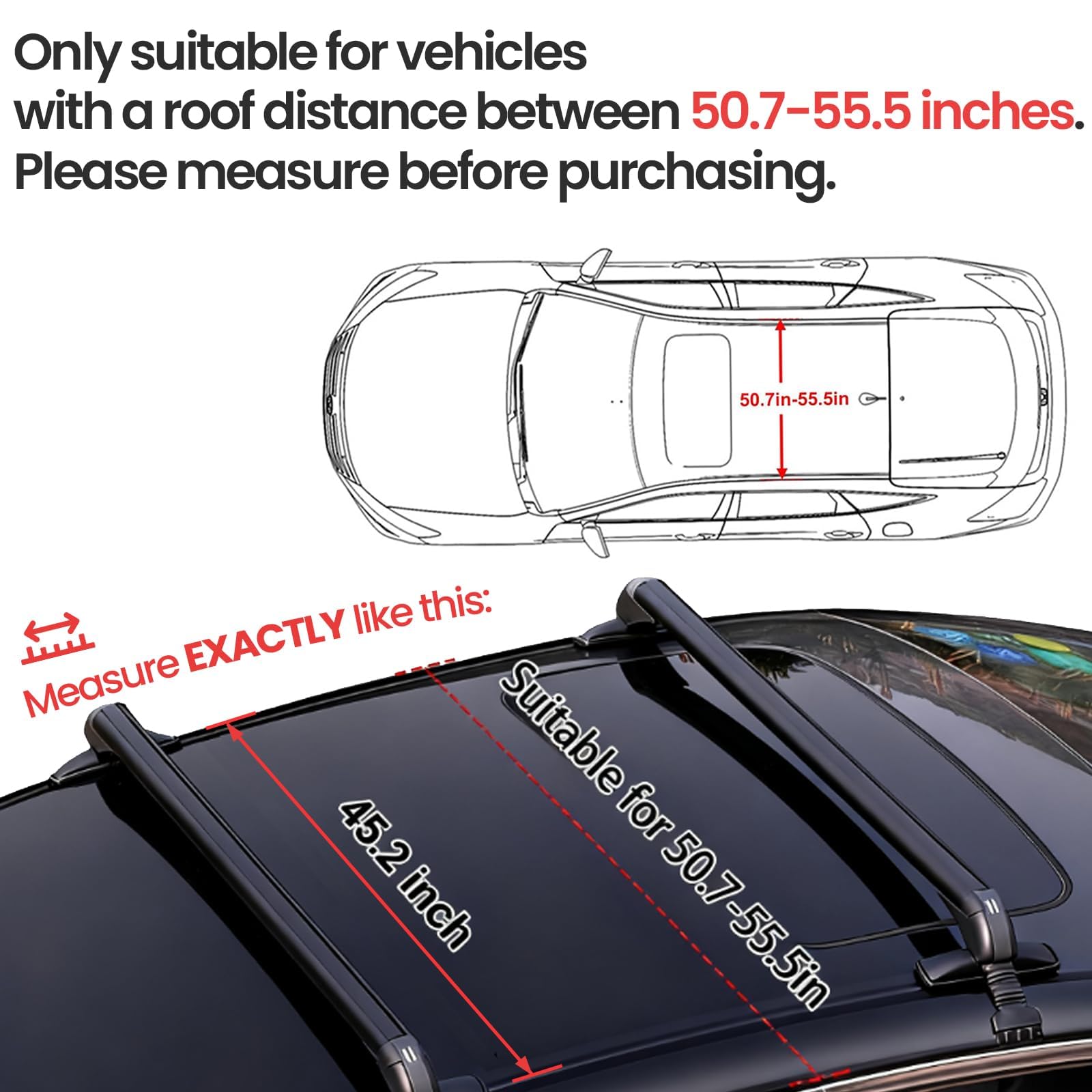 45" Universal Aluminum Roof Rack Cross Bars with Anti-Theft Lock – Fits Vehicles Without Roof Rails – Ideal for Rooftop Cargo Carrier, Kayak, Canoe, Snowboards & More — view 2