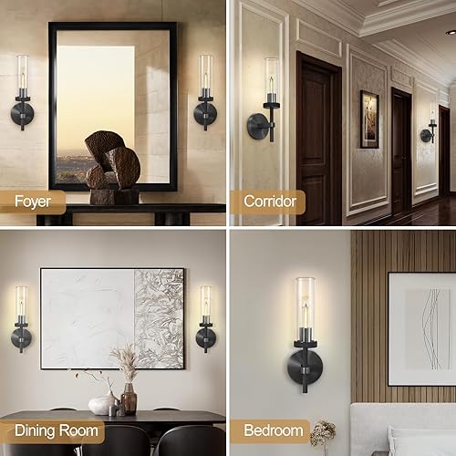 Miniatura 7 de Juego de dos apliques de pared negros, apliques de pared de tocador de baño de 14 pulgadas, apliques de pared de tubo de vidrio, apliques de pared