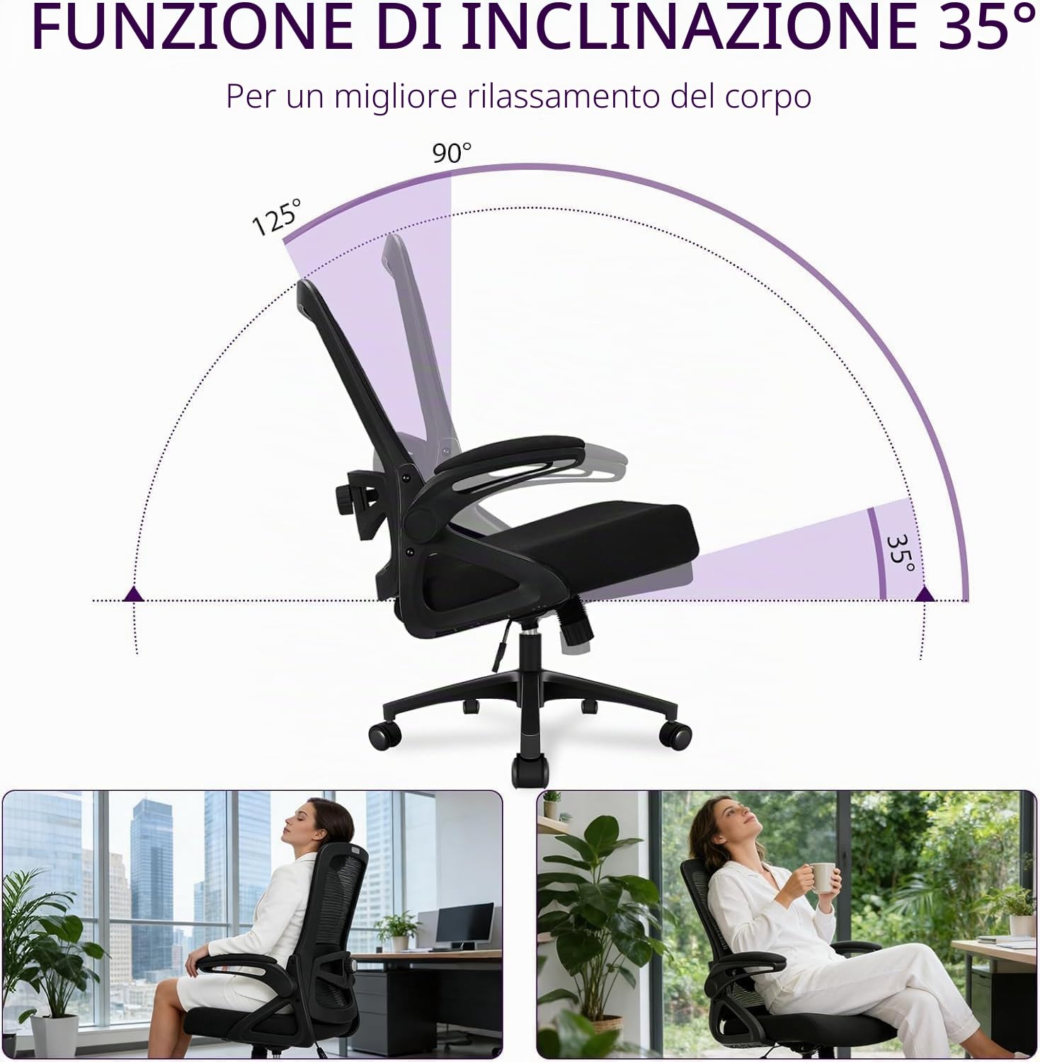 Sedia da Ufficio Ergonomica, Sedia Smart Working con Supporto Lombare Regolabile 4D, Sedia Ufficio in Rete Traspirante con Braccioli Regolabili, Schienale Reclinabile 125°, Ruote Silenziose (Nero)
