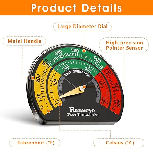 Miniatura 5 de Hanaoyo Termómetro de estufa de leña, termómetro magnético para estufa con esfera grande, termómetro de estufa de leña, medidor superior para