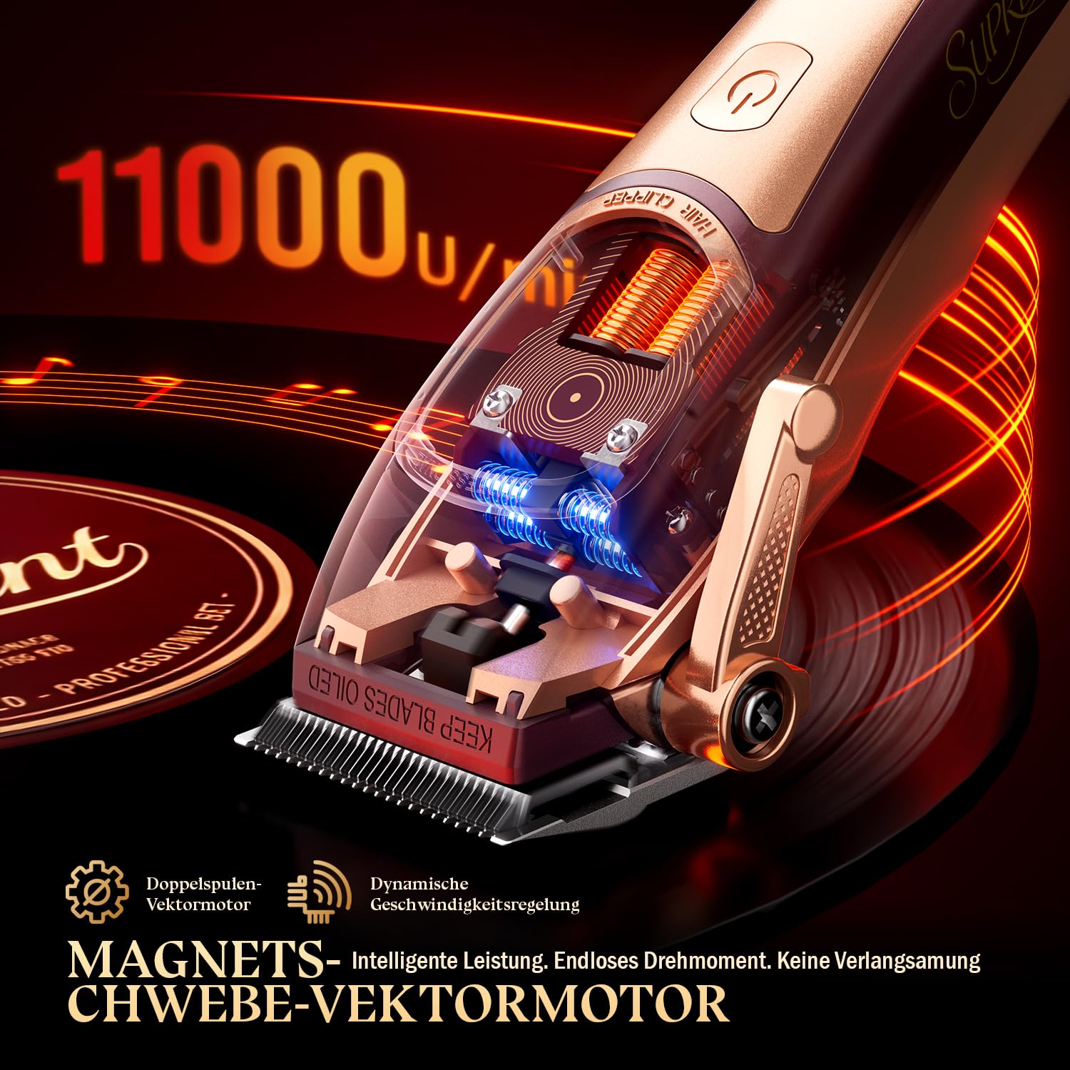 SUPRENT Profi Haarschneidemaschine, 8500-11000 U/min Dual-Coil-Vektormotor | Kabelloser Haarschneider Herren, Zero-Gap T-Blade Trimmer, Haarschneideset mit Ladestation