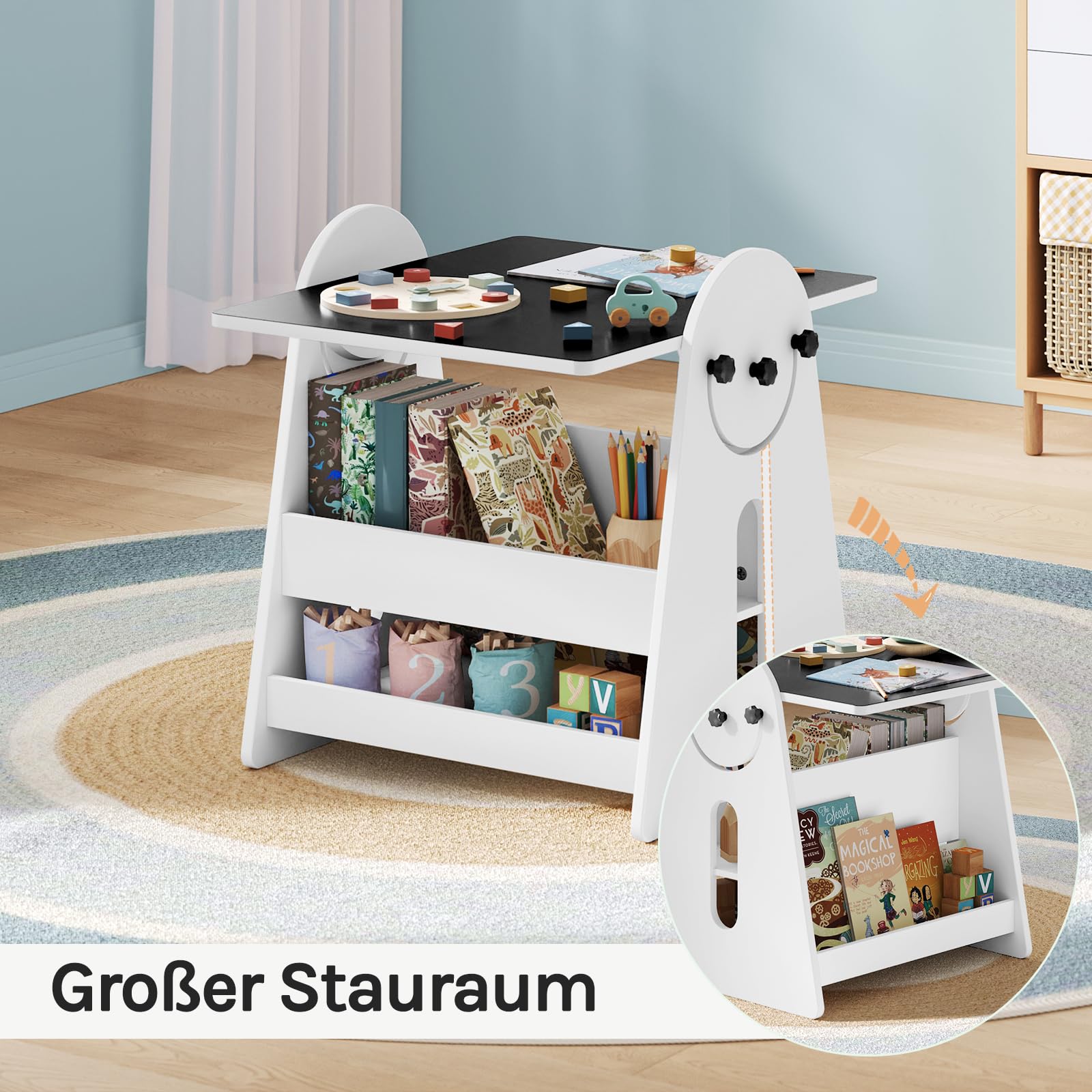 WOLTU Kindertisch mit 2 Stühlen, Kindertisch mit Stauraum, Innen 3 in 1 Maltisch/Tafeltisch mit Bücherregalen für Kinderzimmer, Vorschüler Kindersitzgruppe Indoor, Weiß