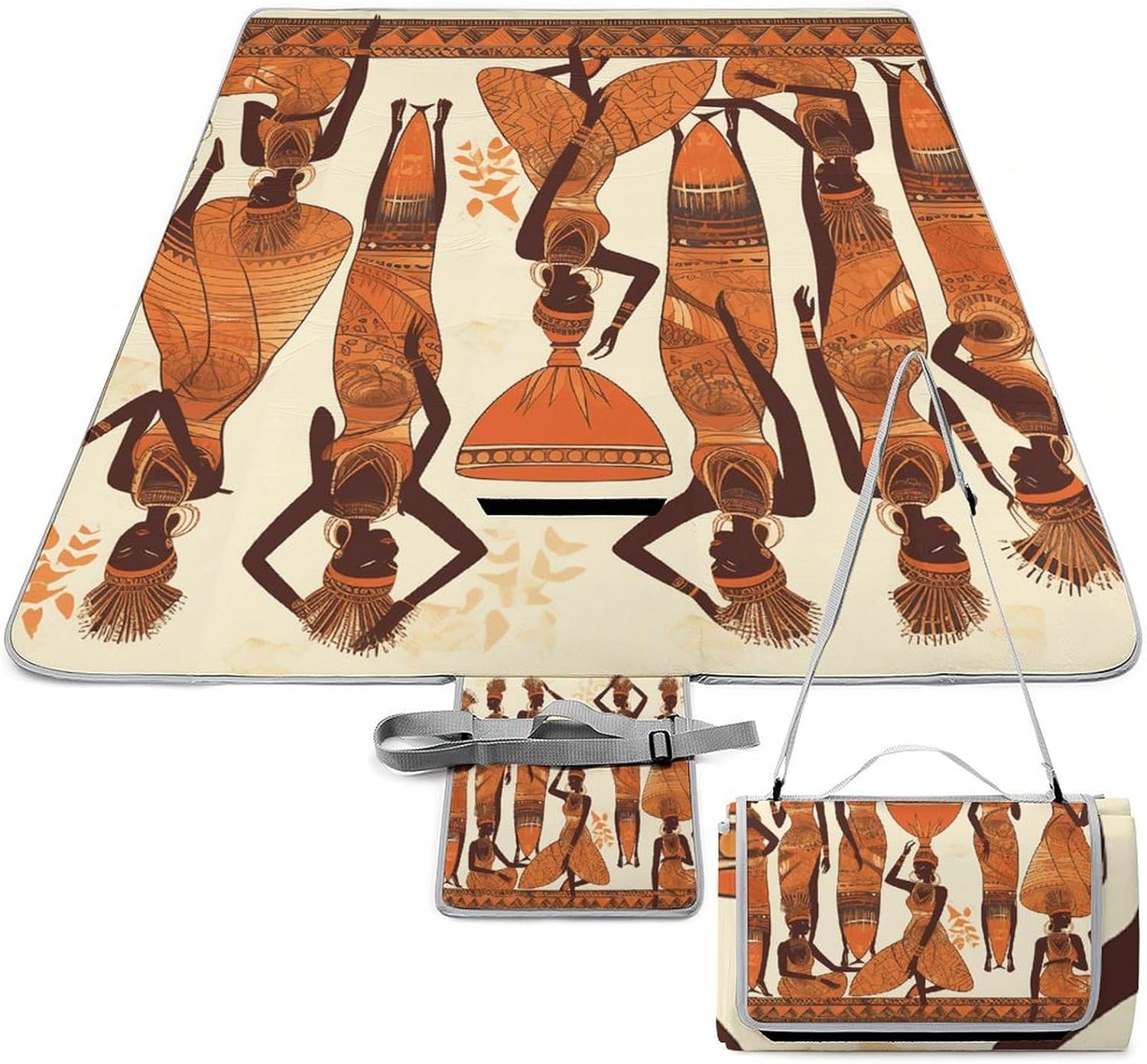 African Tribal Woman Waterproof Picnic Blanket 58.3''x58.3'',Portable and Foldable Picnic Mat with Handle,Outdoor Blankets for Lawn Park Beach Travel