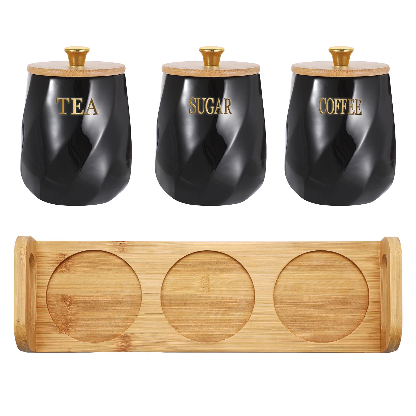 BTSKY Contenitori da cucina in ceramica con coperchio e vassoio, contenitori ermetici neri per zucchero, caffè, tè con vassoio in legno, barattoli per alimenti per bancone della cucina