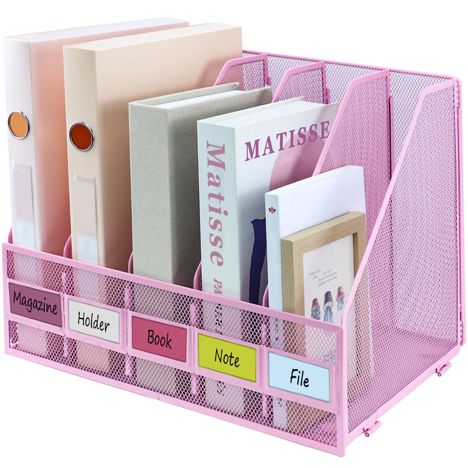 ideallife Desk Organizers, Metal Magazine File Holder with 5 Vertical Compartments Rack Binder File Organizer for Office Supplies, Home Workspace - Pink — image 1