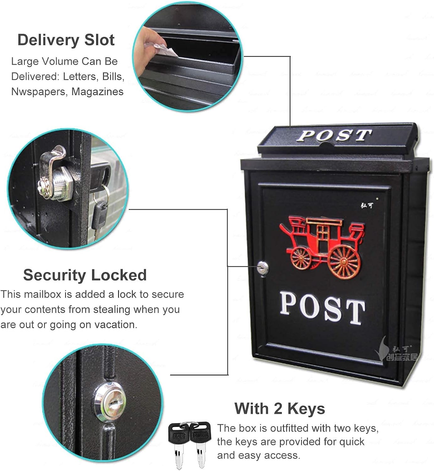 Letter Box Vintage Wall Mount Mailbox Rust-Proof Locking Large Mail Box for Outdoor Office Comment Letter Deposit Post Box with Keys (Color : E)