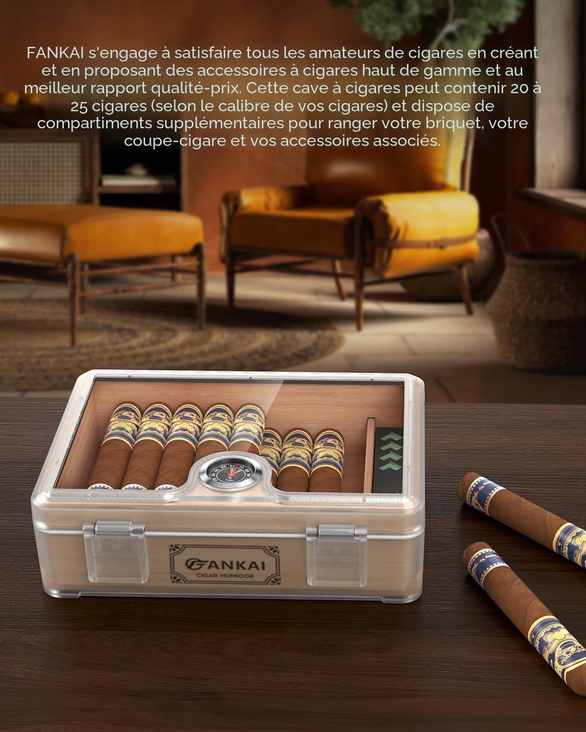 Cave à cigares, avec guillotine droite, coupe en V, perforatrice et support, étui à cigares en verre, doublure en bois de cèdre, accessoires humidificateur, hygromètre, coffret cadeau