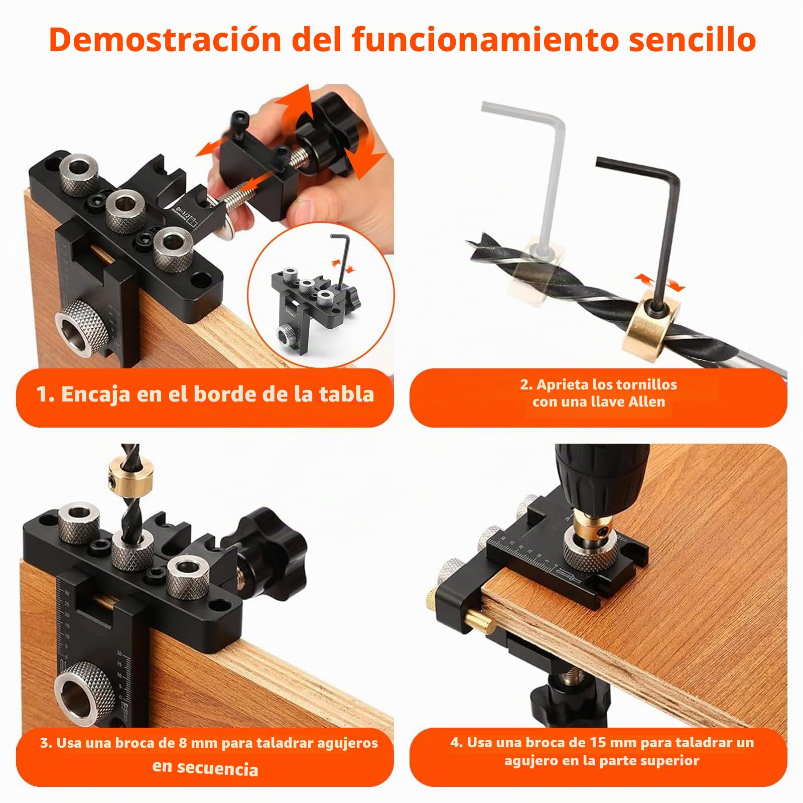 14pcs Bisagra Oculta Jig, 3 En 1 Construcción De Mles, Ageros Para Tacos, 8/10/15 Mm, Tacos De Madera, Plantia de Perfoción Con Clip de Posicioito,Guía de Perforación Ajustable