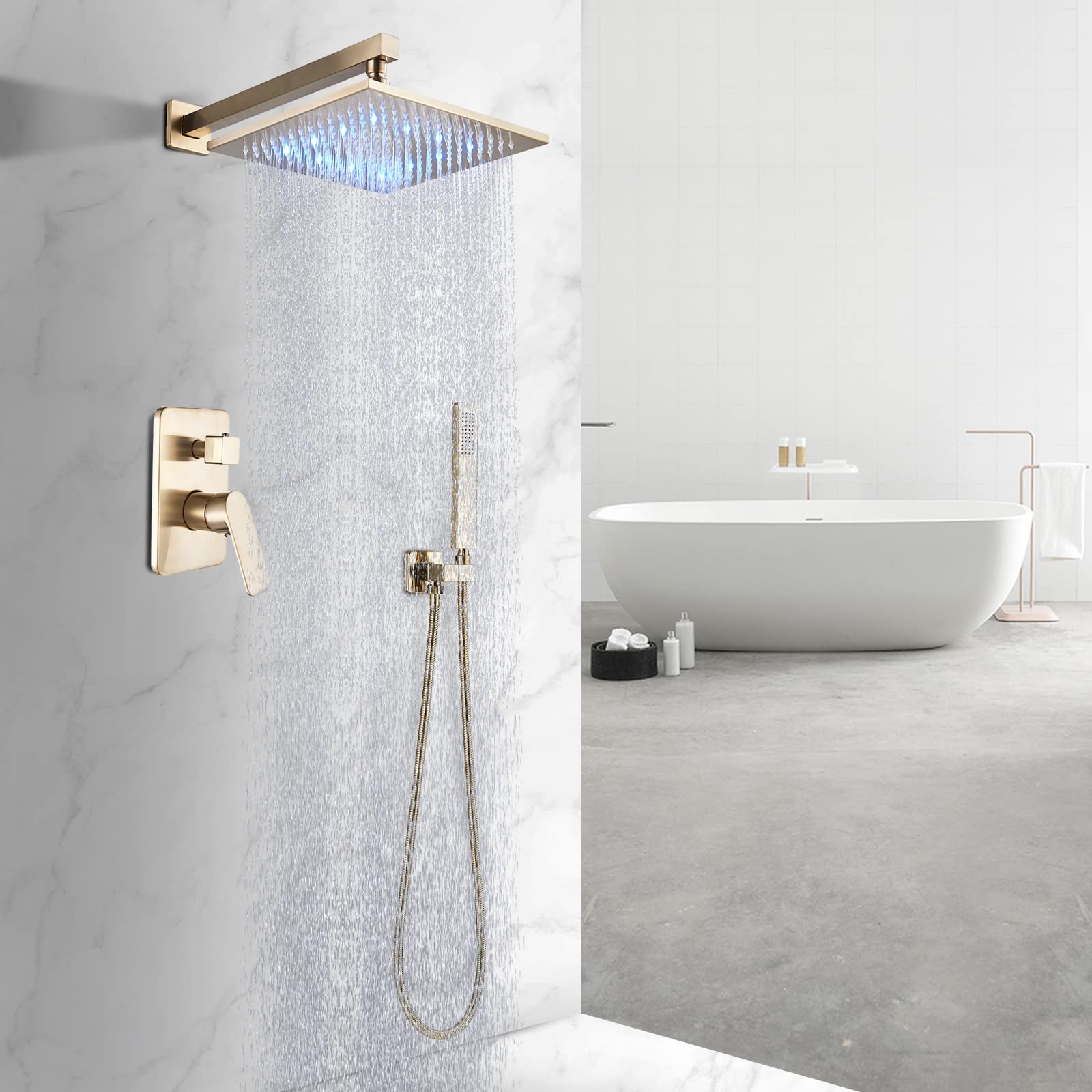 Buy Saeuwtowy Brushed Gold Rain Shower System with 12 Inch LED Shower