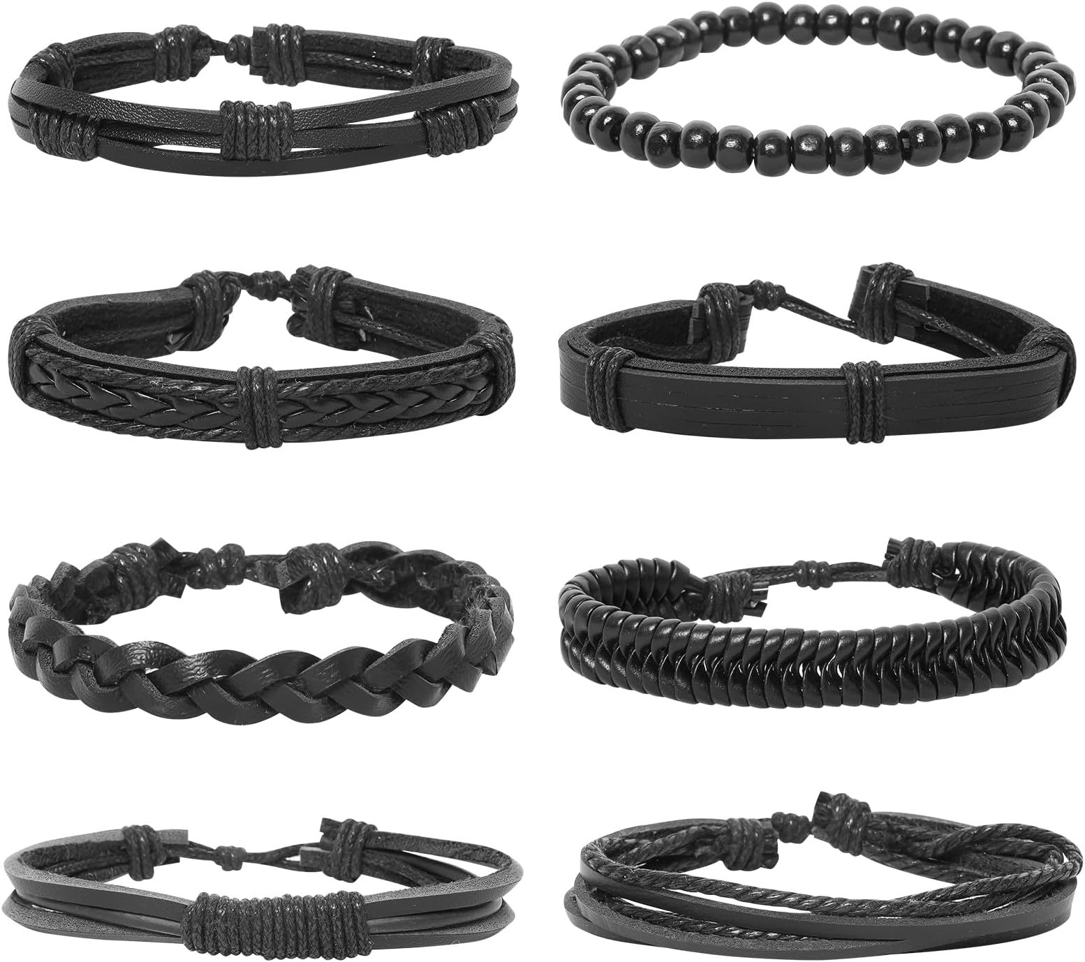 8 Pcs Punk Braided Leather Bracelets Punk Rock Cuff Wrap Black Bracelets for Men Women Woven Bracelet Adjustable