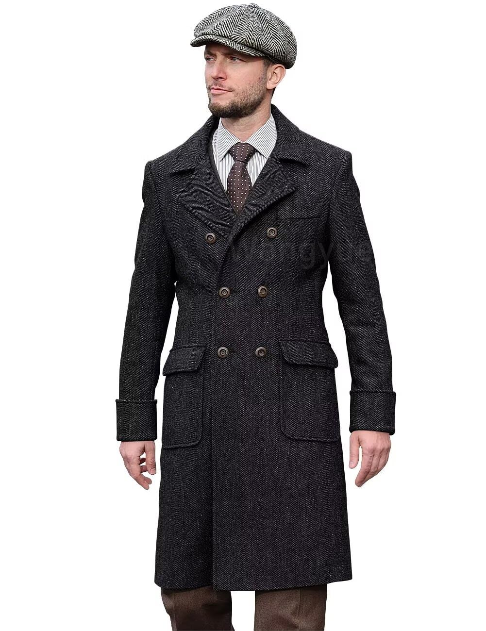 Wangyue Tweed Trench Coat Men Double Breasted Pea Coats Notch Collar Herringbone Tweed Overcoats Slim Fit Winter Wedding