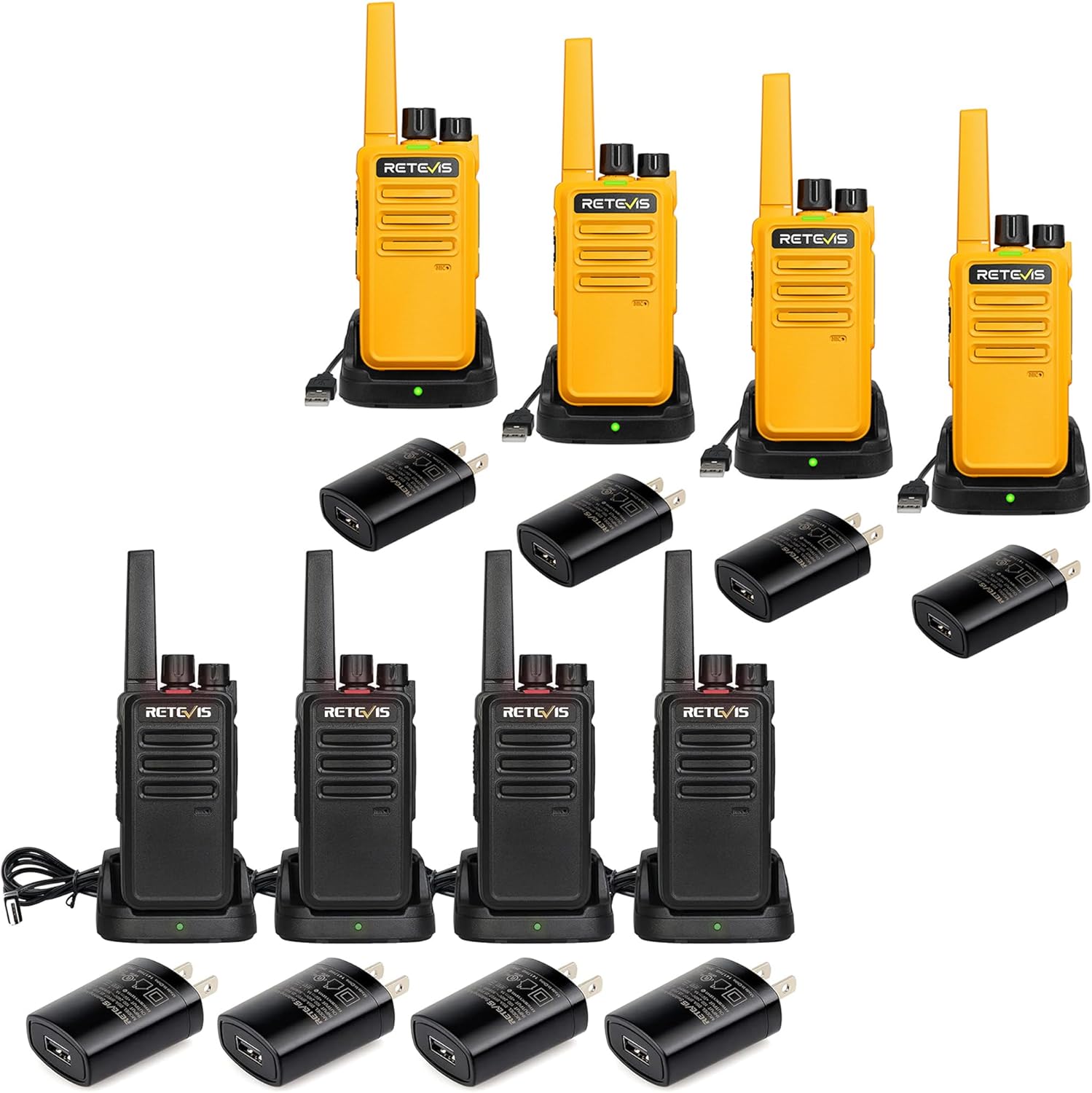 Retevis RT68 Portable Walkie Talkie Rechargeable with USB Charging Base, VOX for Hunting Hiking (Black, 4 Pack) Bundle with Retevis RT68 Portable FRS Two Way Radios Rechargeable (Orange, 4 Pack)